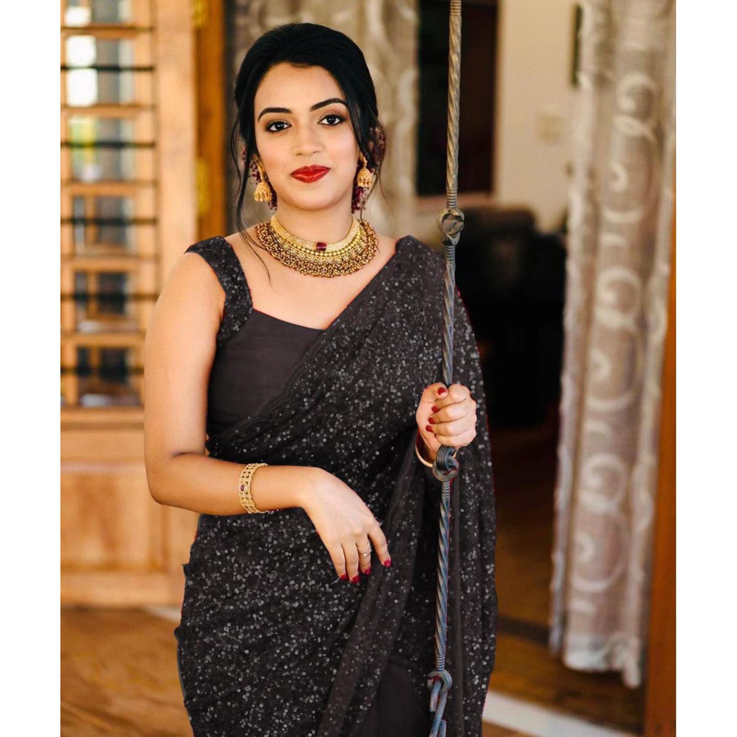 Party Wear Sequence Saree - with Cod