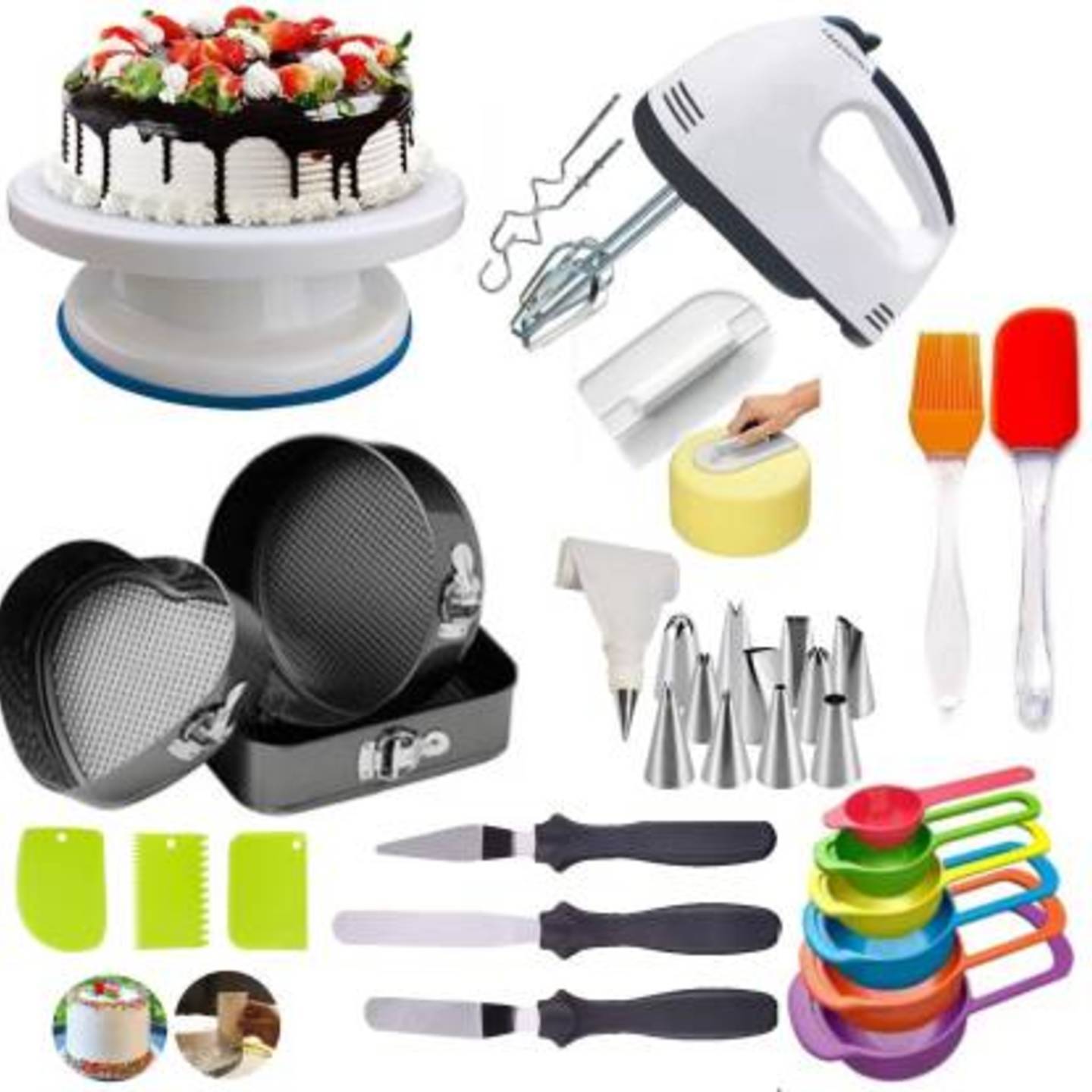 Cake Turn Table , knife, cake scrapper, MEASURING CUP, NOZZLE, CAKE DECORATION ITEM, electric blender,spatula