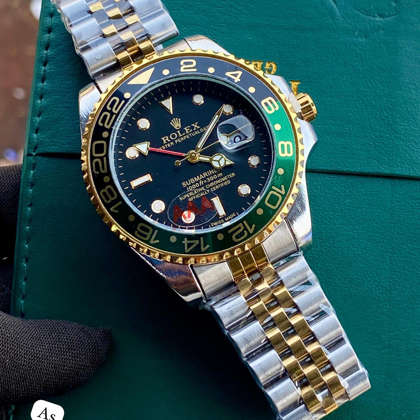 Mens  Rolex Rainbow Submariner with Silver Gold Belt with Black Green Rim