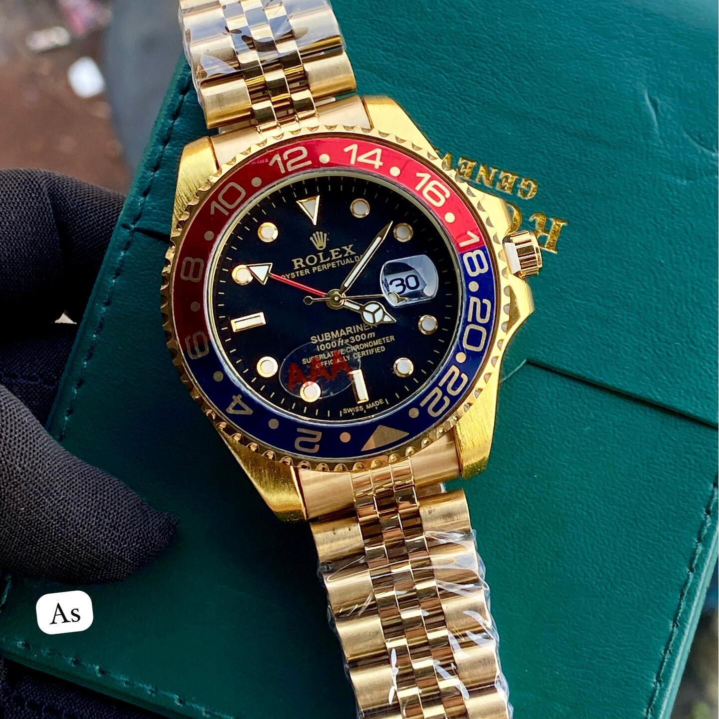 Mens  Rolex Rainbow Submariner with Gold Belt with Red Royal Blue Rim