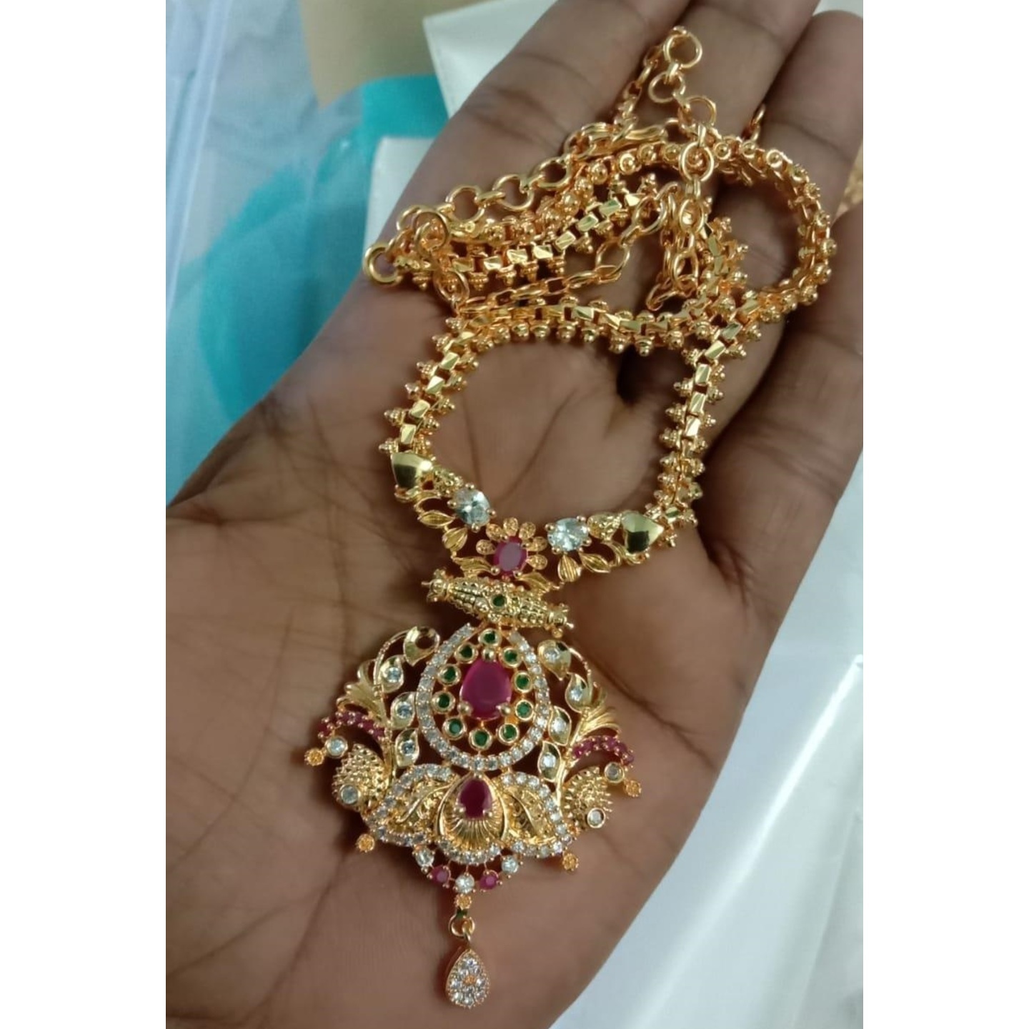 GOLD PLATED NECKLACE DAILY WEAR SOUTH INDIAN RUBY PENDANT SHOP ONLINE | JEWELSMART.IN