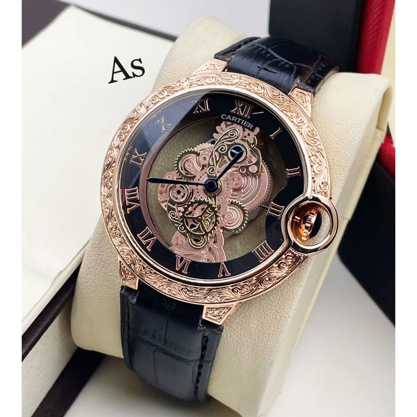 Rose Gold Cartiers Mens Watch with Black Belt