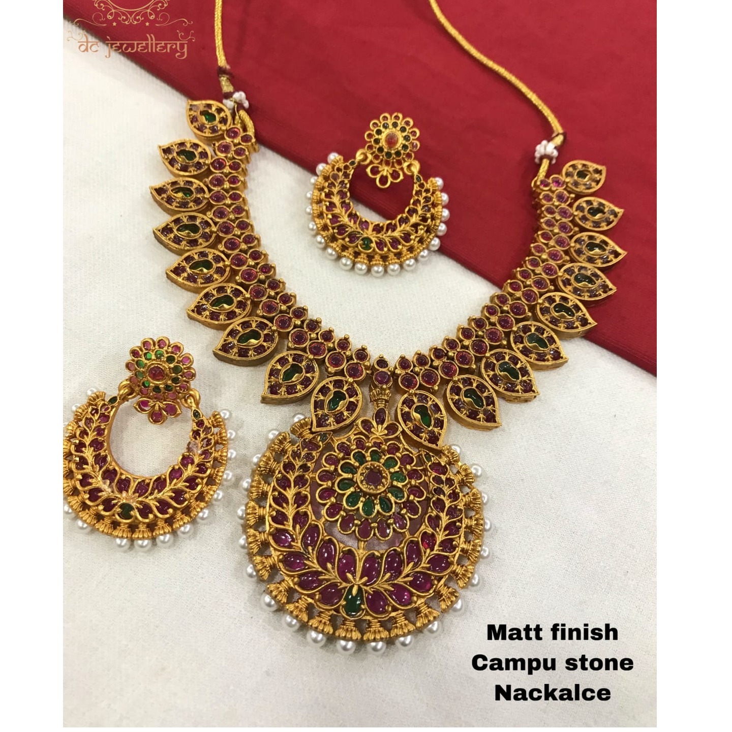 Matte Kempu Maroon Green Stone Necklace