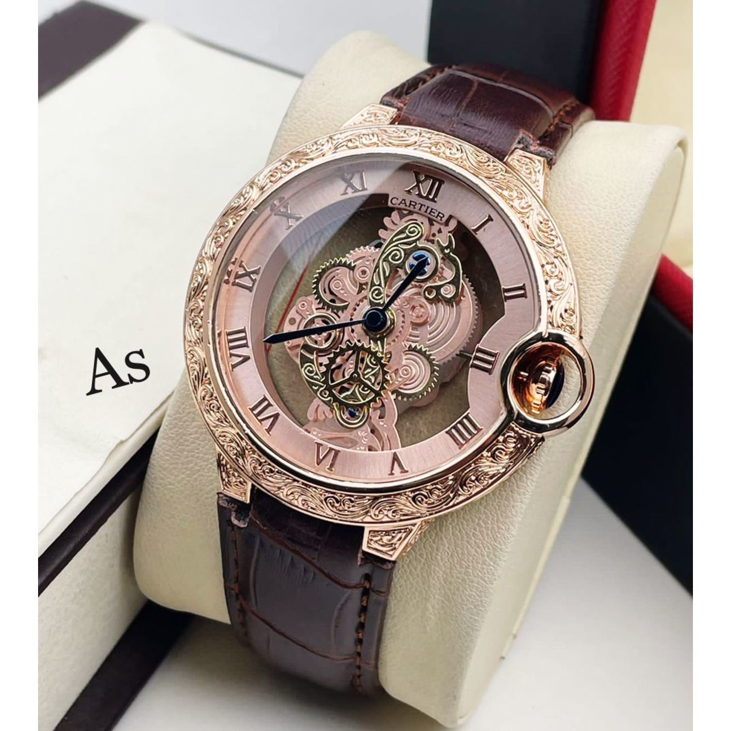 Rose Gold Cartiers Mens Watch with Brown Belt