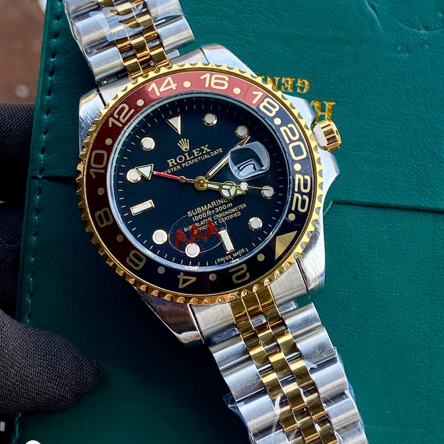 Mens  Rolex Rainbow Submariner with Silver Gold Belt with Red Black Rim