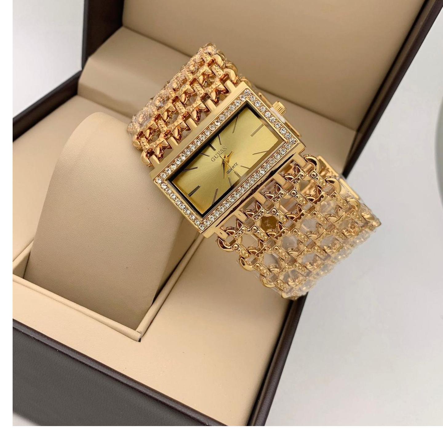 Best Deal Sale Hot Classy Guess multi stones stunning square gold dial womens watch
