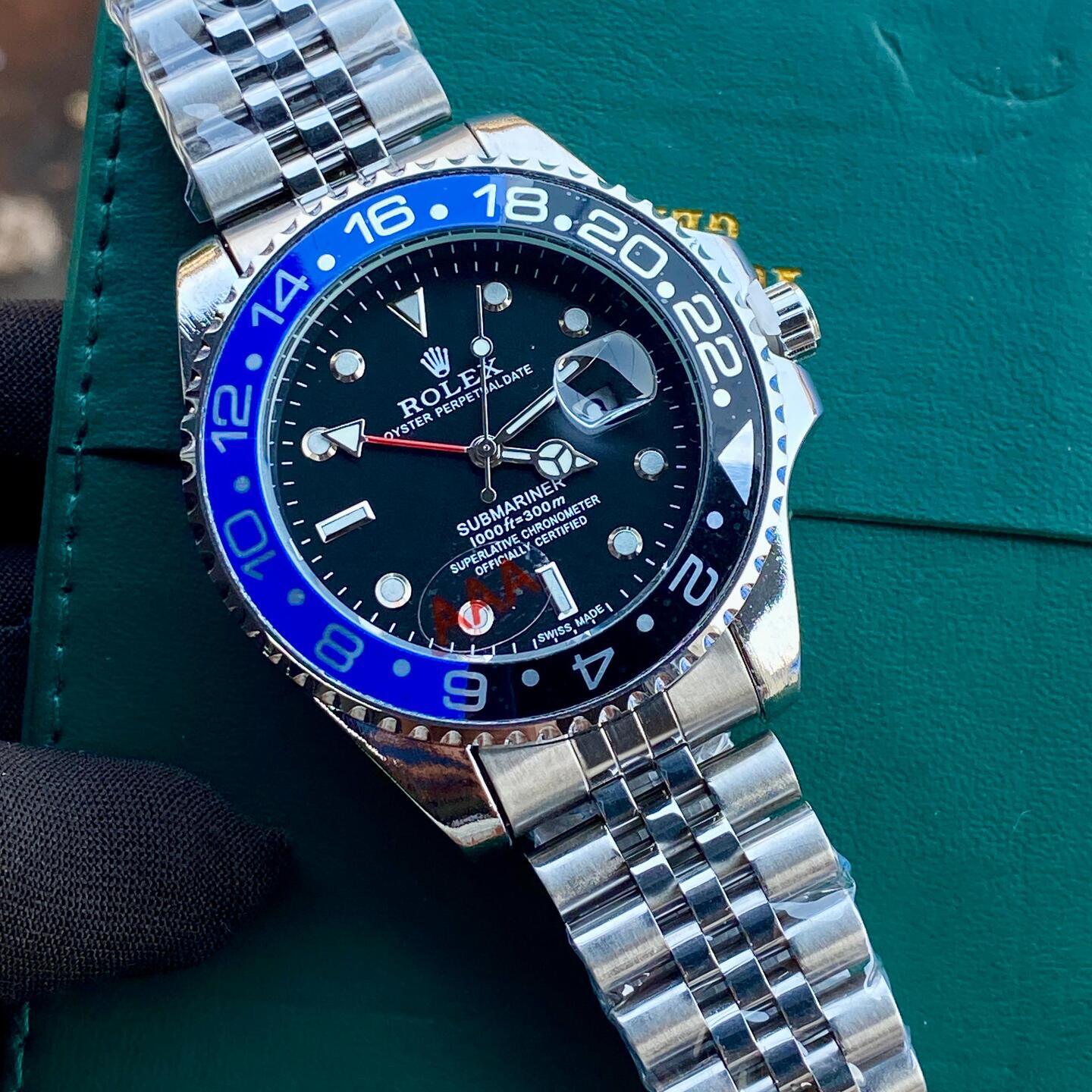 Mens  Rolex Rainbow Submariner with Silver Belt with Royal Blue Black Rim