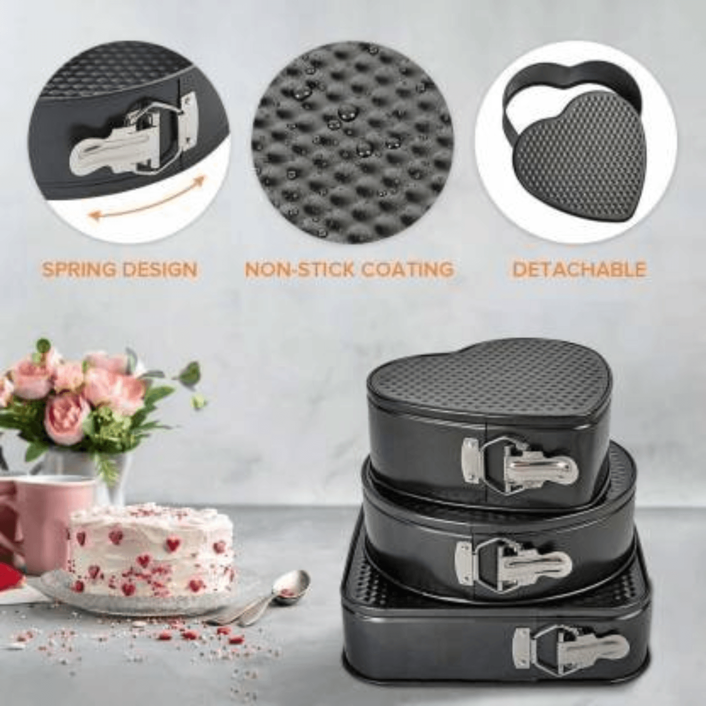 Heart, Round, and Square Shape Cake Moulds for Baking Non-Stick Cake TinsPanTrays for Oven, and Cooker with Removable Base Cake Mould  Pack of 3