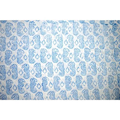 Sea Horse Block Print Cotton Blue Fabric