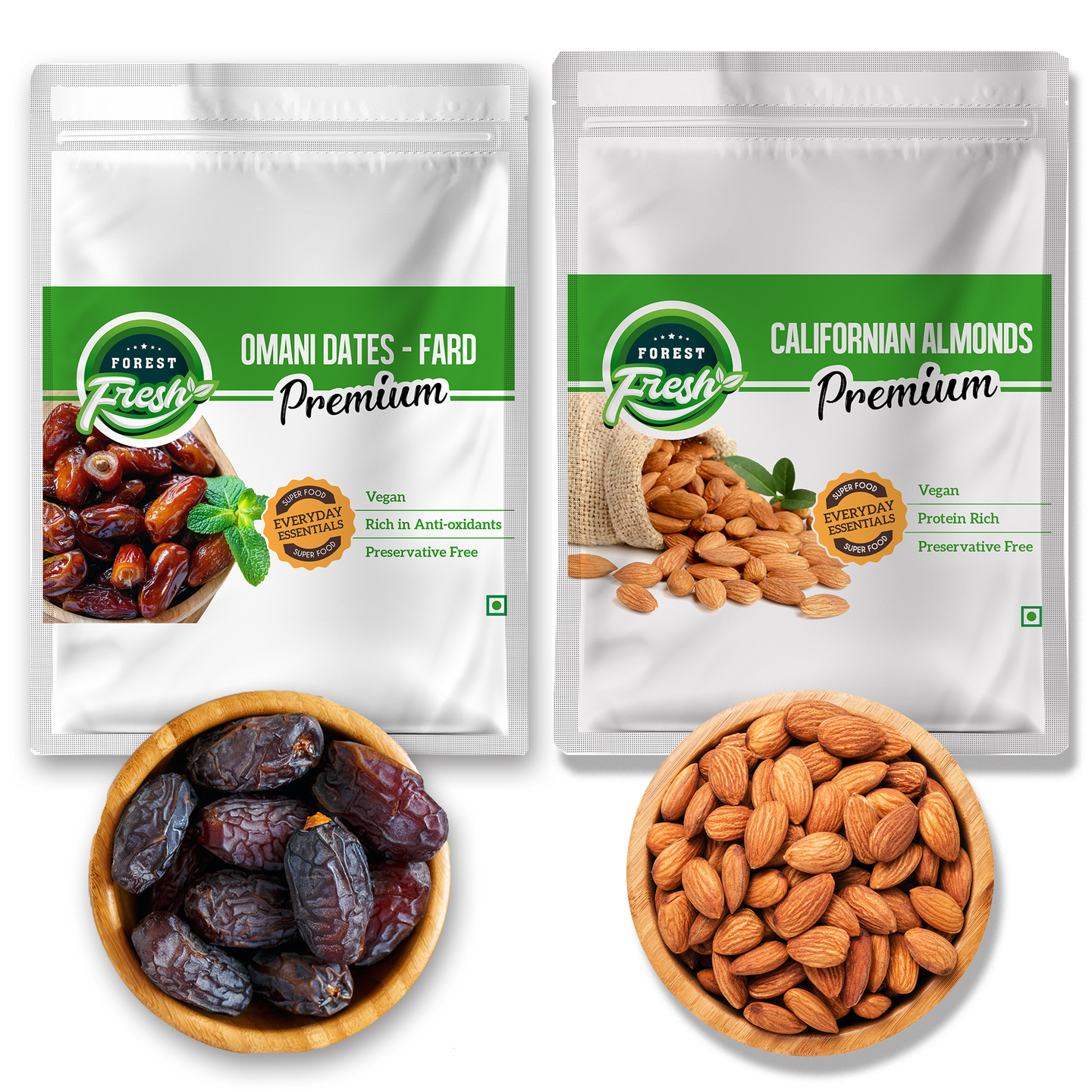 Forest Fresh Premium Almonds Dates Combo - 800gm - California Almonds 400gm and Omani Dates Fard 400gm