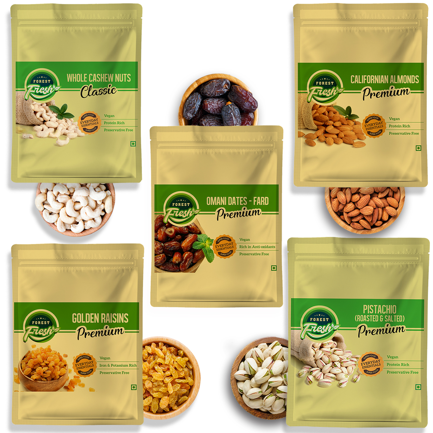 Forest Fresh 5 Dry Fruits & Nuts Super Combo Diwali Gift Pack - Cashews Almonds Pistachos Raisins Dates Kaju Badam Pista Kishmish Khajoor 1.25Kg 5x250g Each