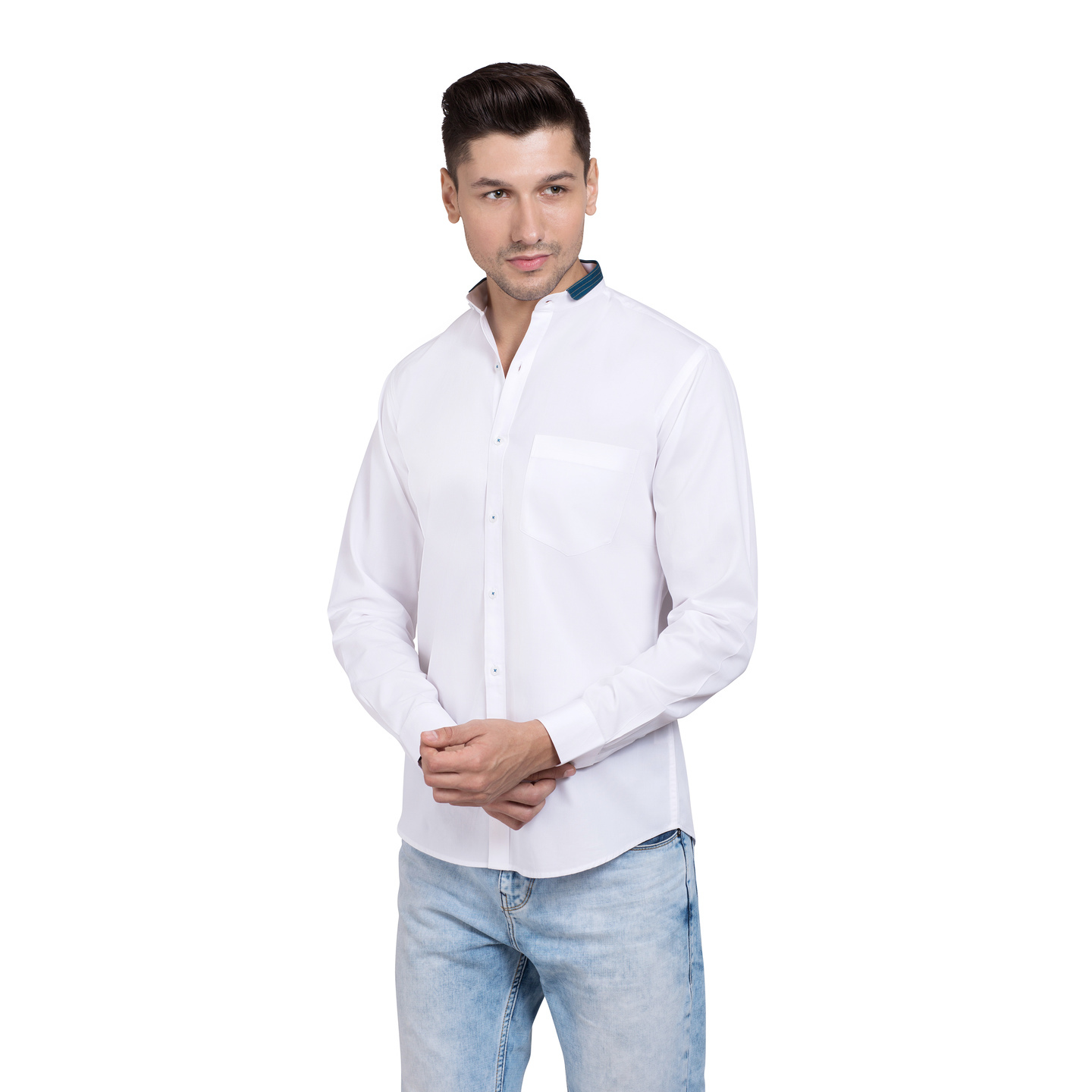 Aakaara mens graded teal collar white shirt in cotton