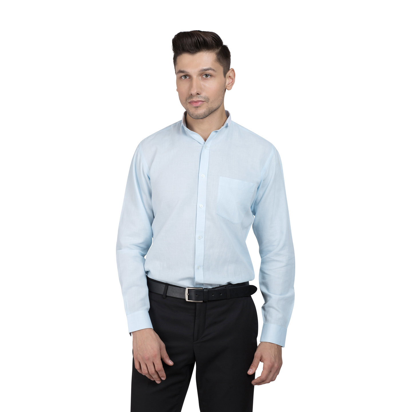 Aakaara mens slim collar sky blue shirt in cotton-linen