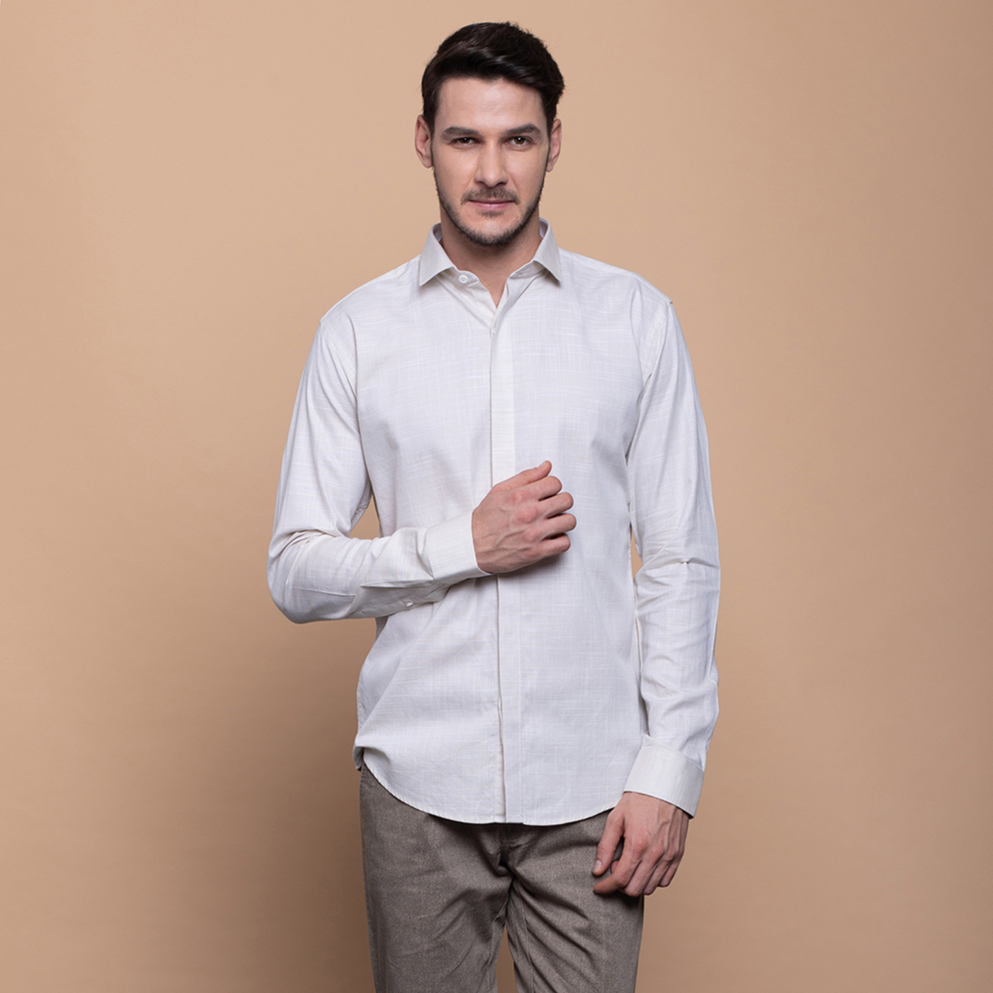 Aakaara concealed button closure beige casual shirt in cotton