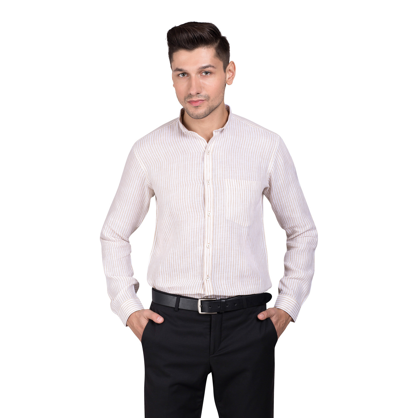 Mens cotton linen vertical striped shirt in beige color