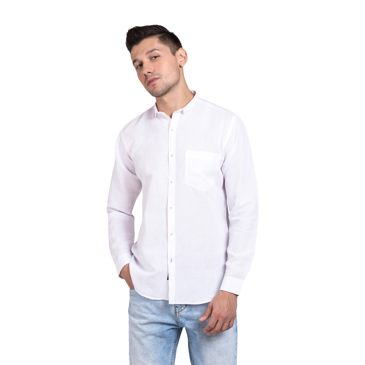 Aakaara White Slim Collar Cotton Linen Casual Shirt