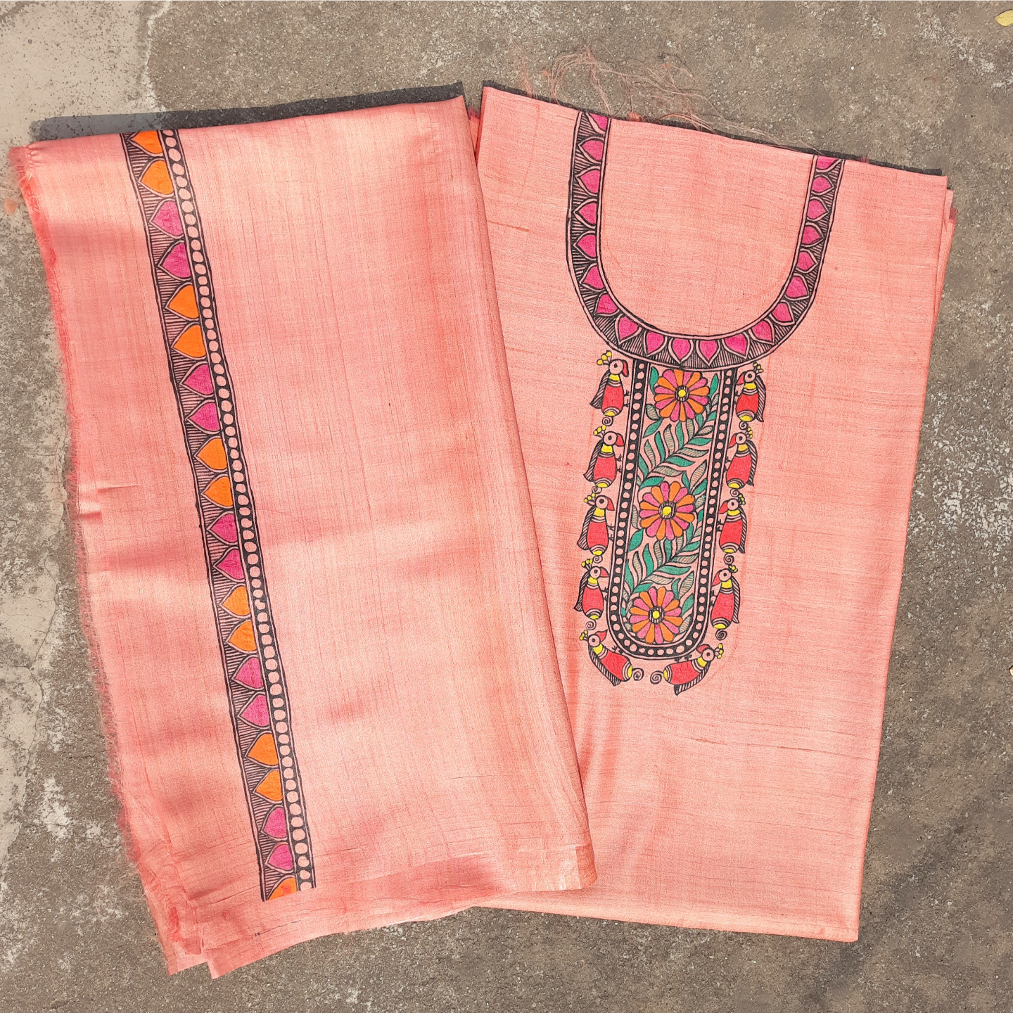 Peach Blush - Madhubani Hand Painted Silk Kurta Salwar Pieces