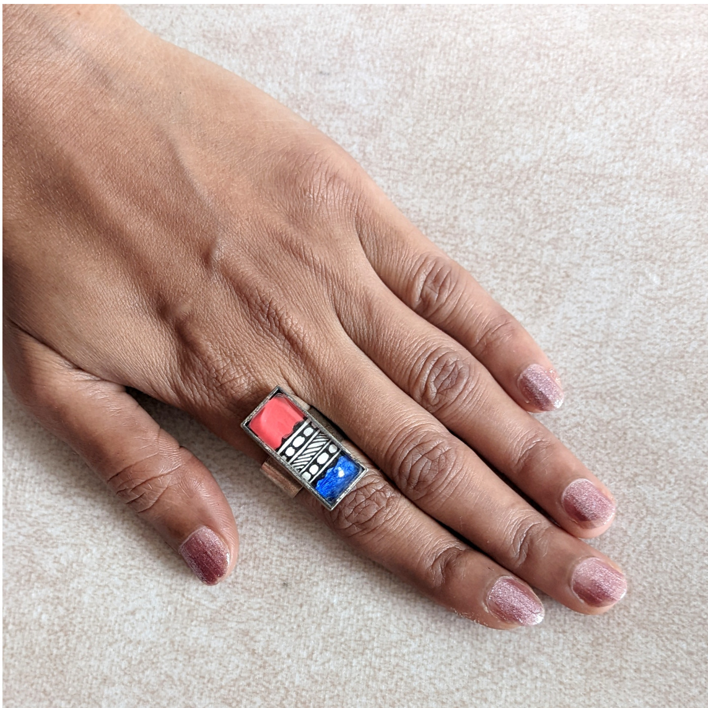 Madhubani Motifs- Hand-painted capsule adjustable Finger Ring