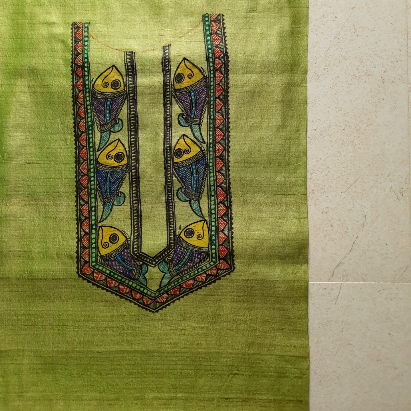 Green Fishes - Madhubani Hand Painted Mens Silk Kurta Fabric