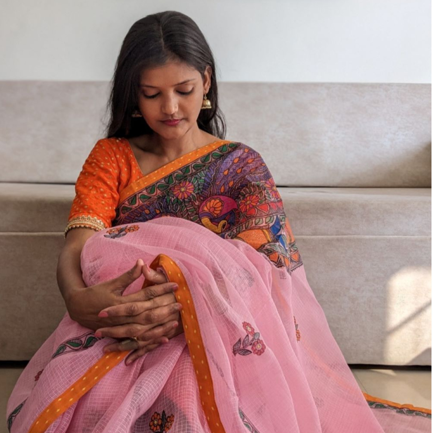 Pehli Baarish - Baby Pink Madhubani Hand Painted Kota Cotton Saree