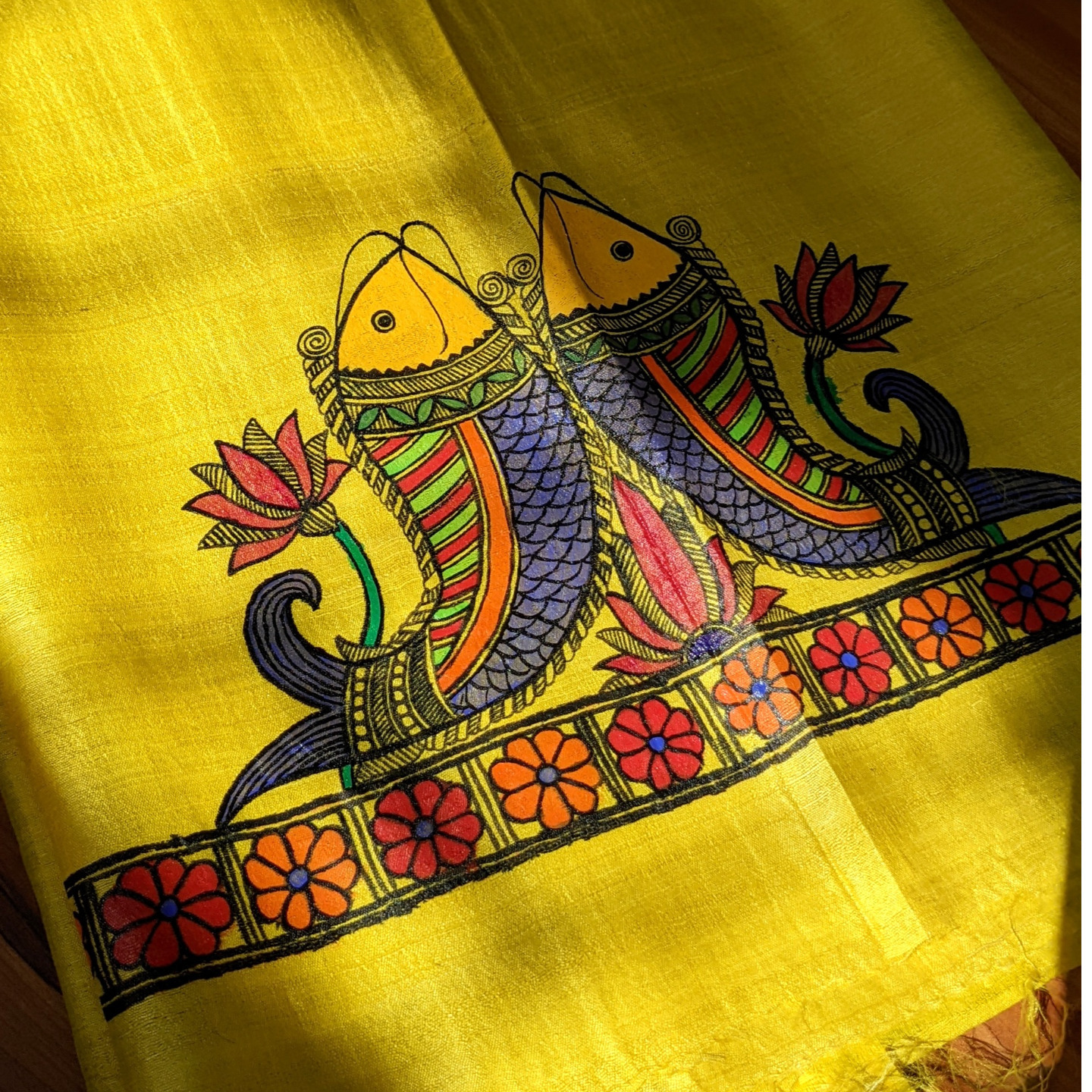 Fishes & Lotus - Madhubani Hand Painted Unstitched Silk Suit Set