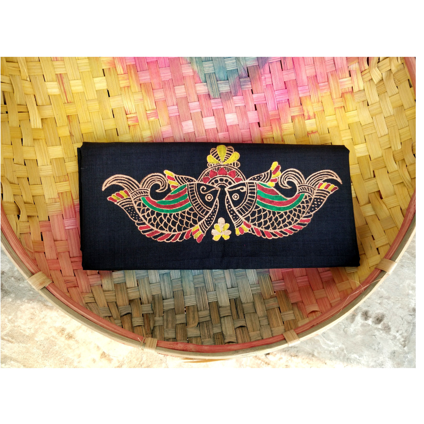 Black Fishes - Madhubani Hand painted Cotton Blouse Piece