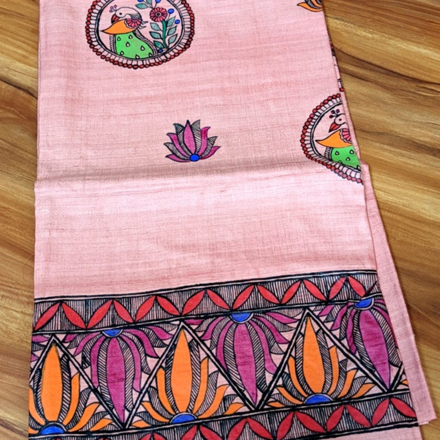 Peaches & Pink - Madhubani Hand Painted Unstitched Kurta Piece