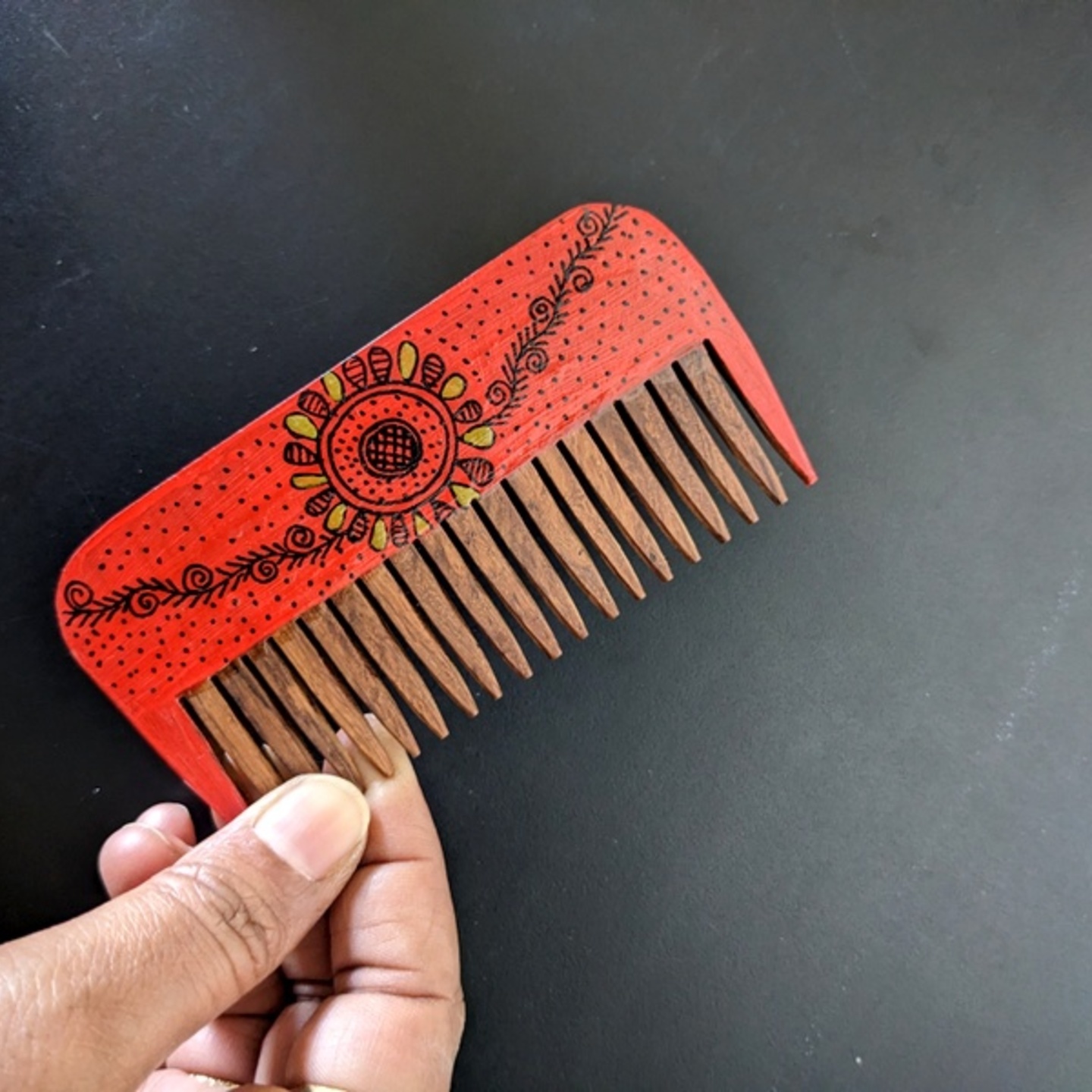 Red Spiral - Hand-painted Wooden Madhubani Comb