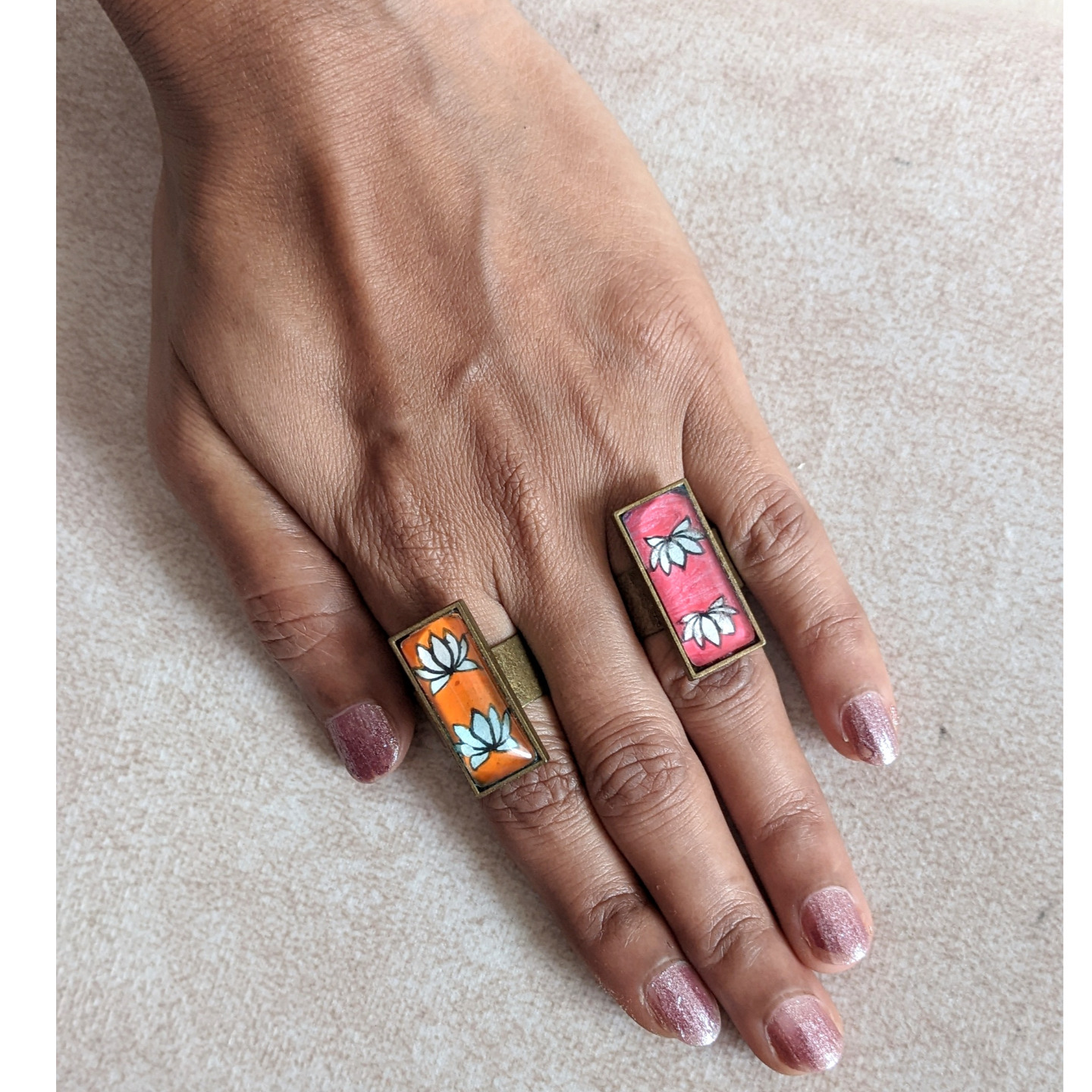 Madhubani Lotus- Hand-painted capsule adjustable Finger Ring