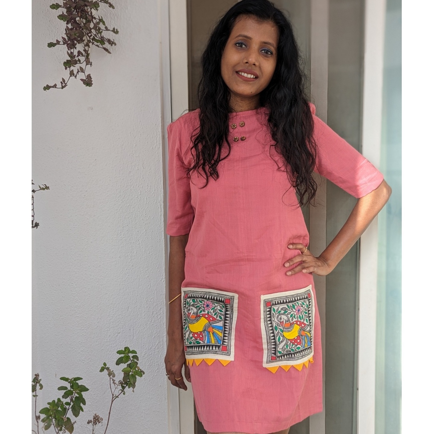 Chidiya - Madhubani Hand Painted Pink Shift Dress