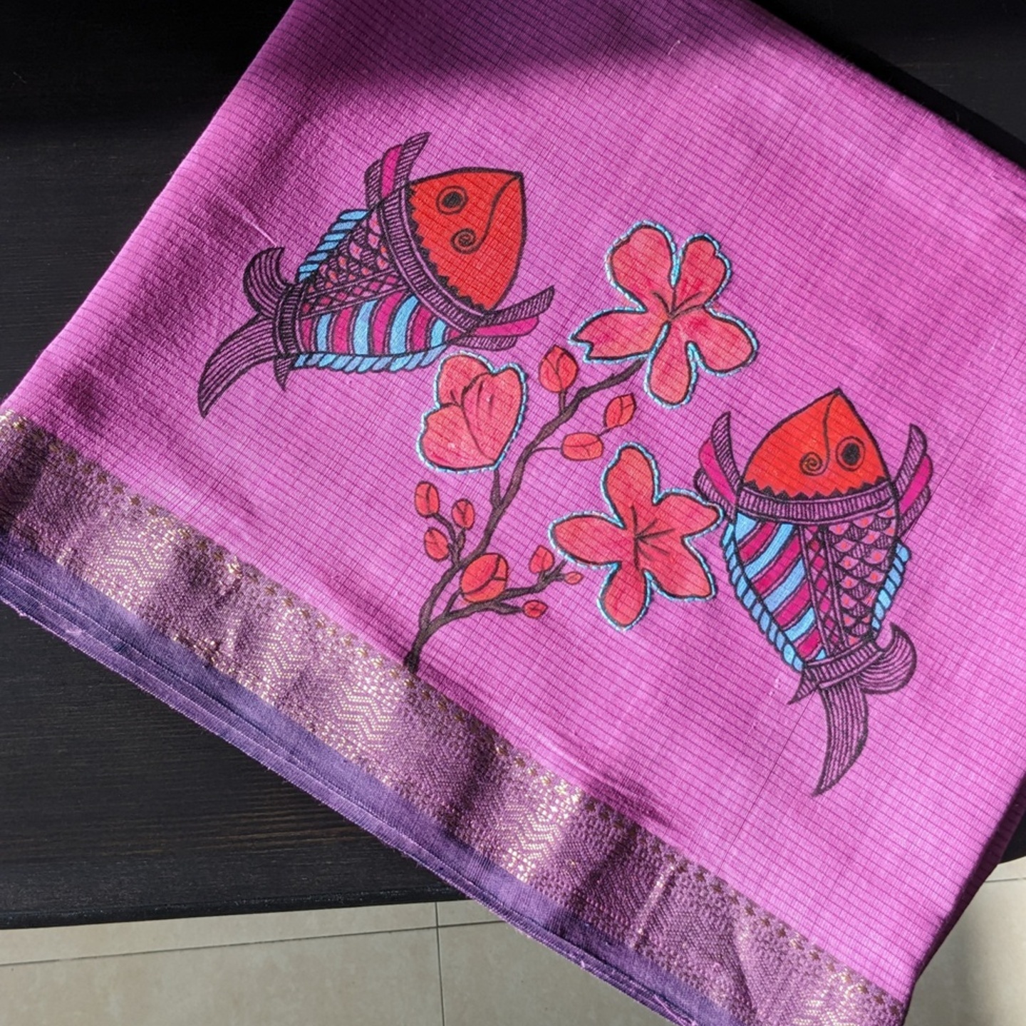Red Fish - Pink Madhubani Hand painted SiCo Blouse Piece