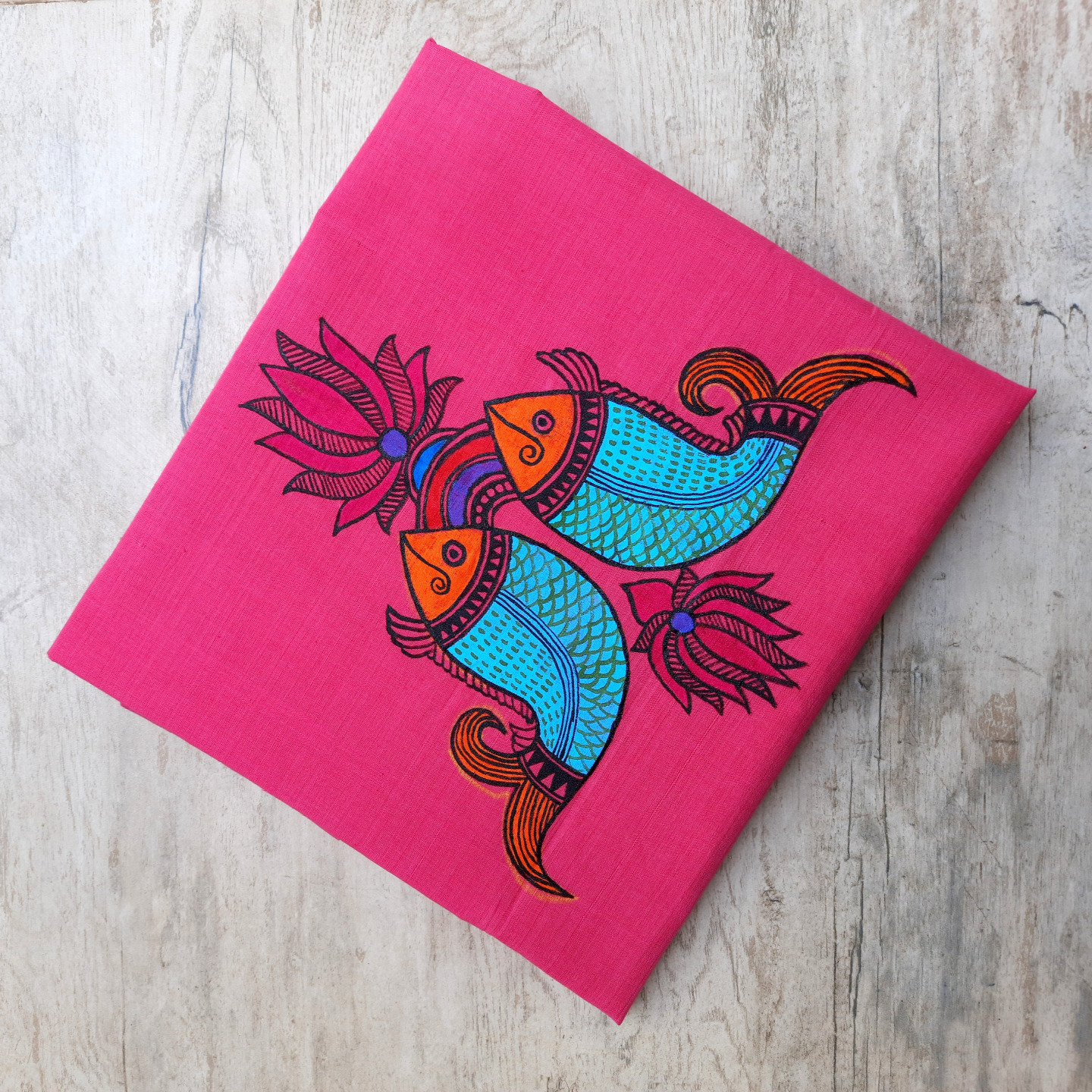 Pink Fishes - Madhubani Hand painted Cotton Blouse Piece