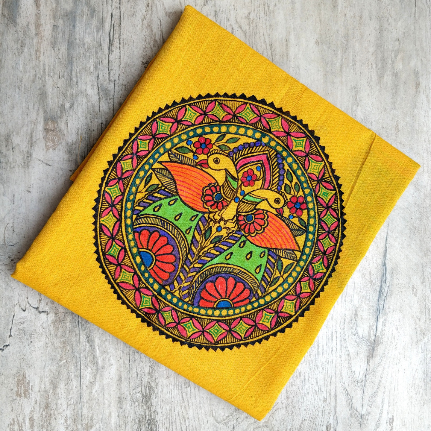 Peacock Pair - Yellow Madhubani Hand painted Cotton Blouse Piece