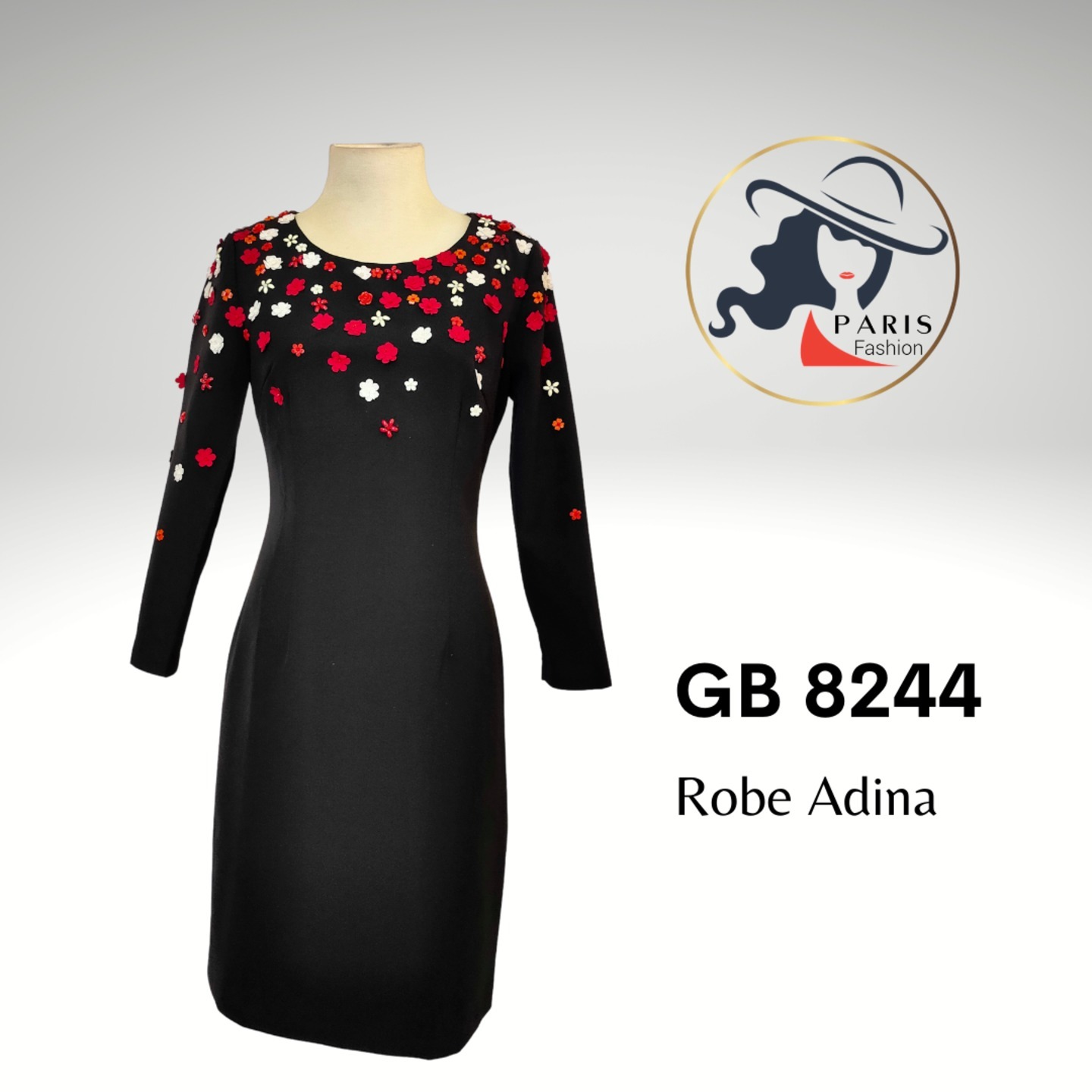 GB 8244 ROBE ADINA LONG SLEEVES DRESS WITH HANDSEWN FLORAL APPLIQUE