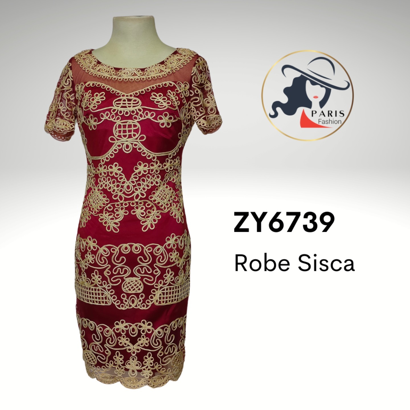 ZY 6739 RED GOLD BROCADE EMBROIDERY SHORT SLEEVES DRESS