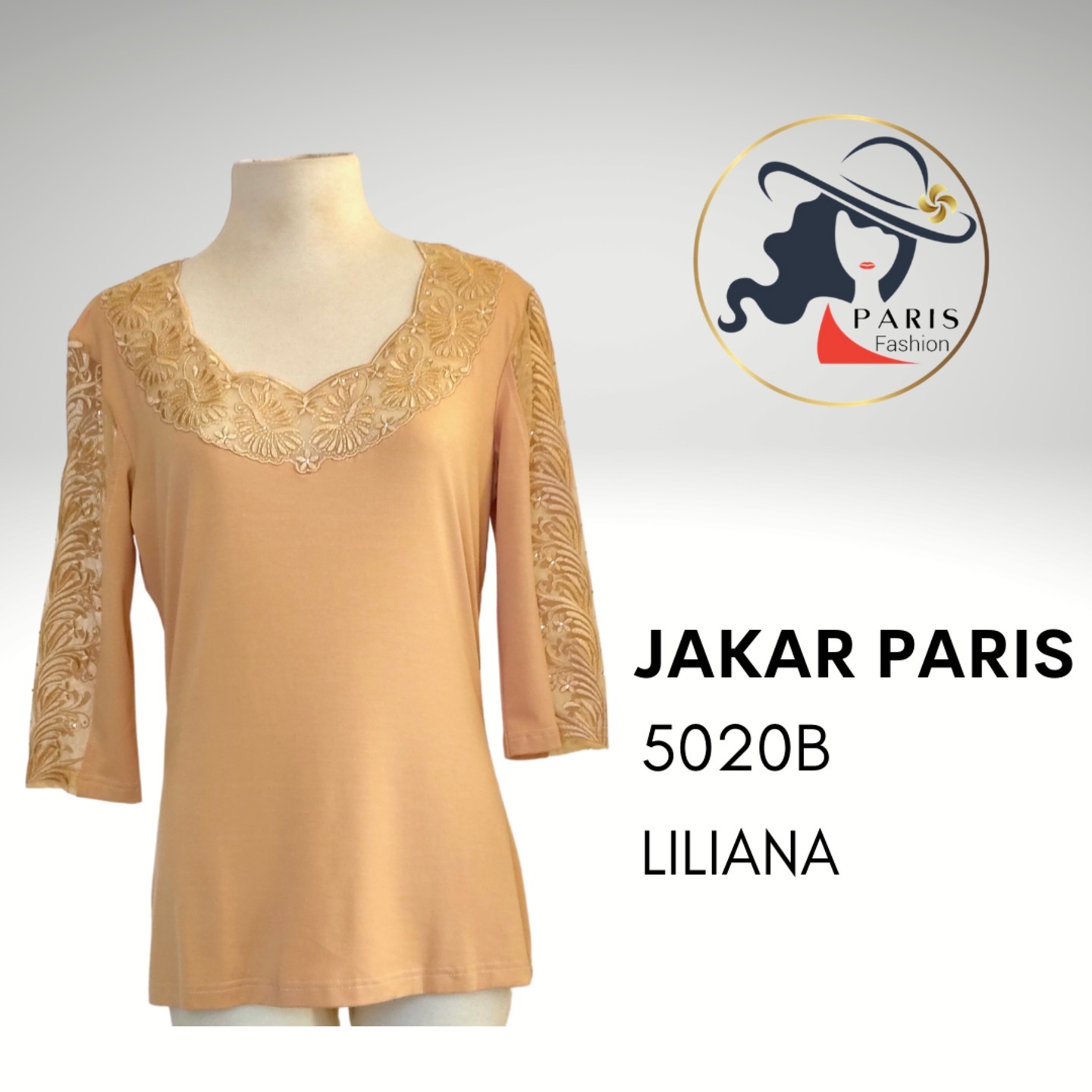 JAKAR PARIS 5020B LILIANA BEIGE LACE EMBROIDERY TOP WITH SEQUINS