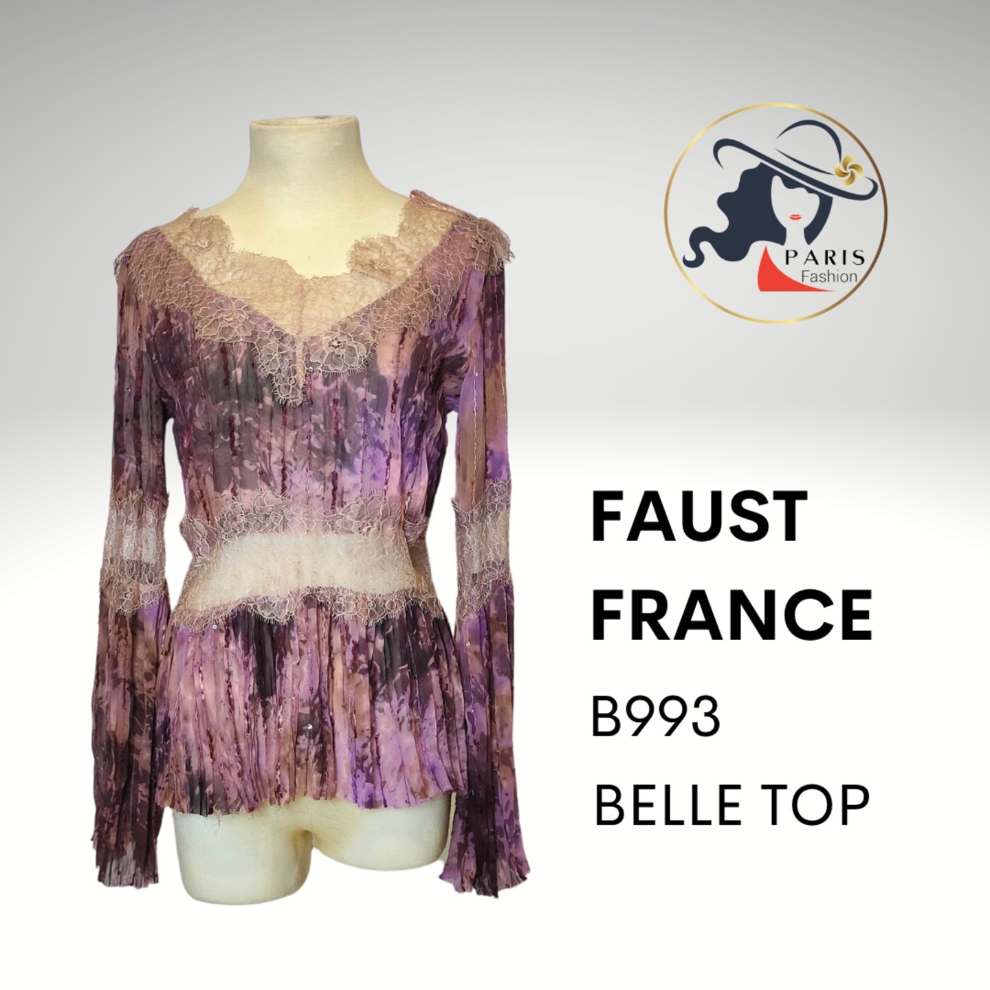 FAUST FRANCE B993 BELLE REFINED LACE AND SEQUINS PLEATED TOP