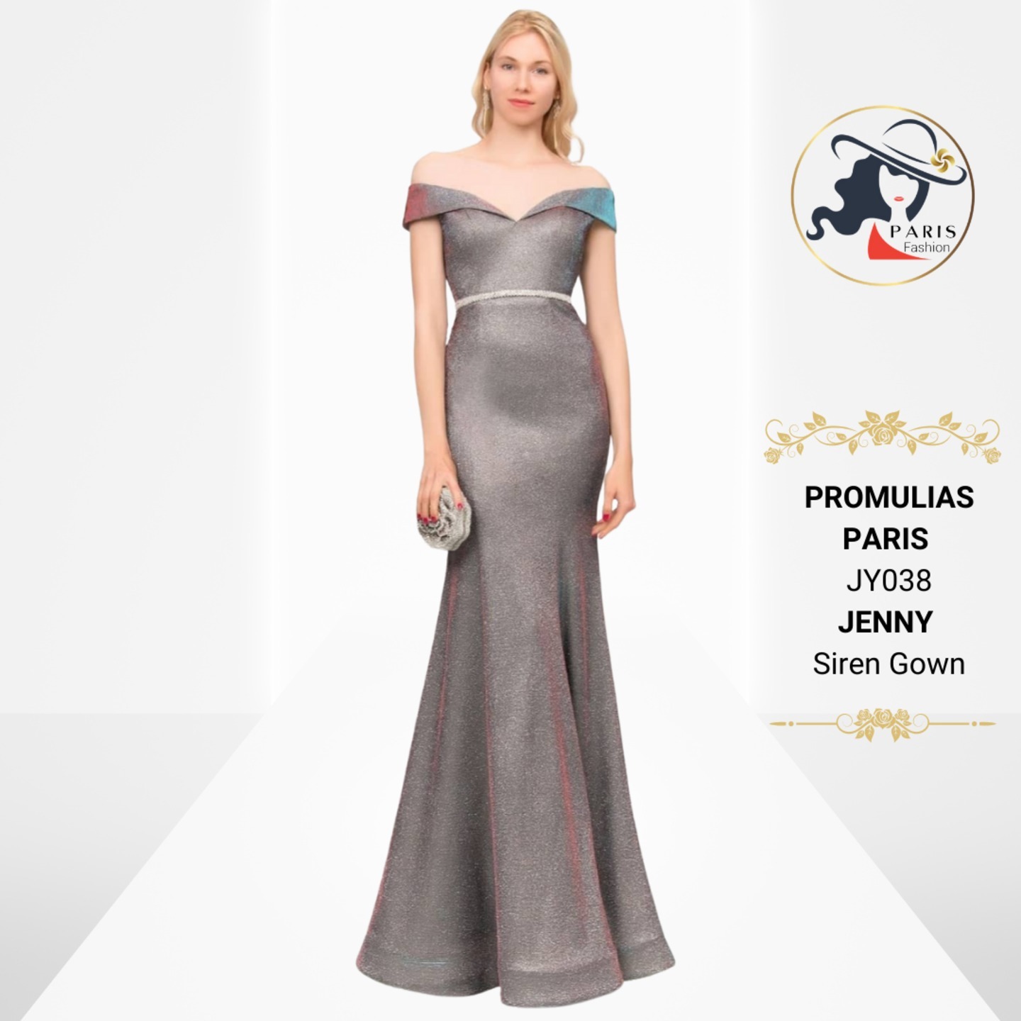 PROMULIAS PARIS JY038 JENNY OFF SHOULDER SHIMMERY MULTI FACETED RED SIREN GOWN