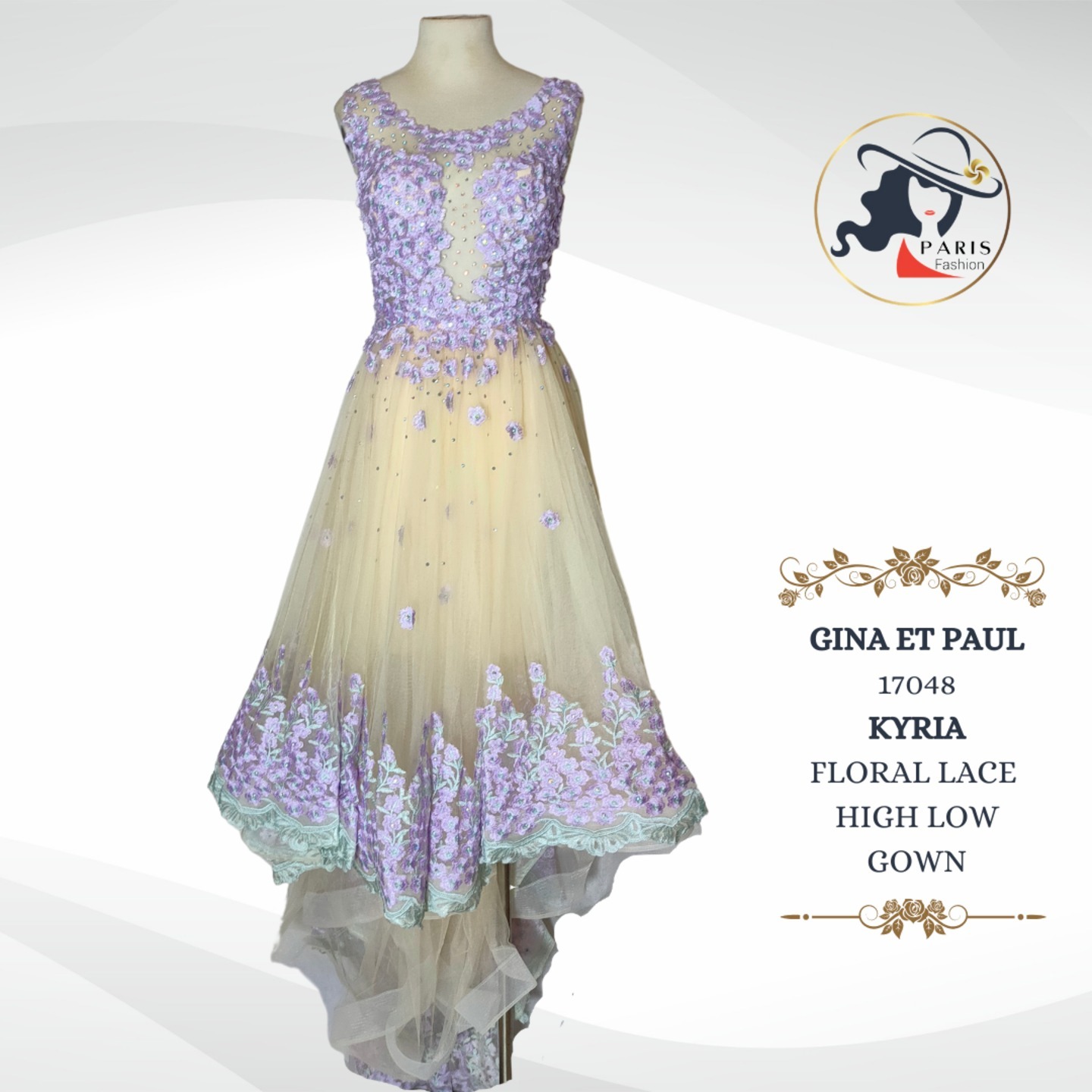 GINA ET PAUL 17048 KYRIA FLORAL LACE HIGH LOW GOWN