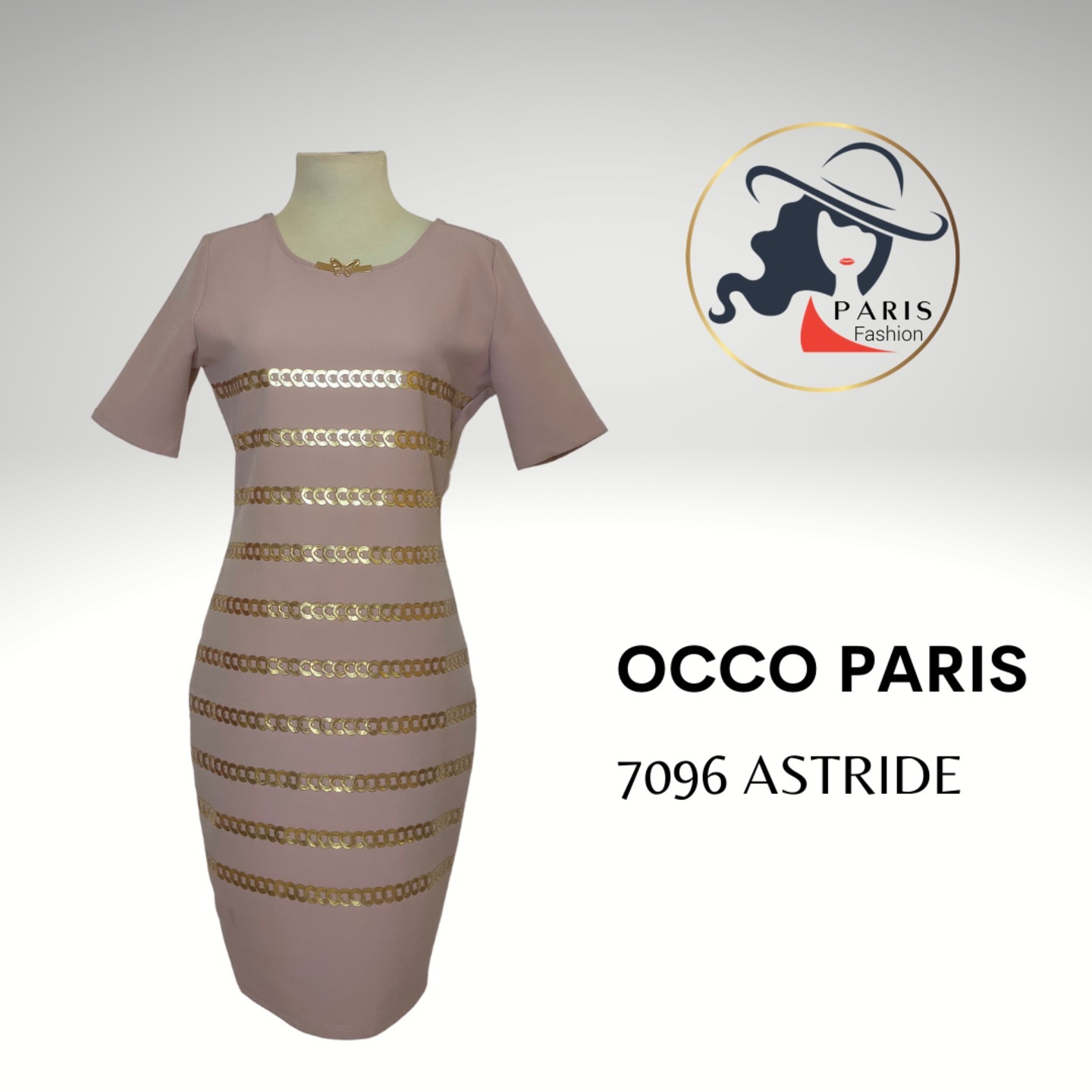 OCCO PARIS 7096 ASTRIDE SHORT SLEEVES DRESS WITH EMBOSSED GOLD CHAIN PRINT