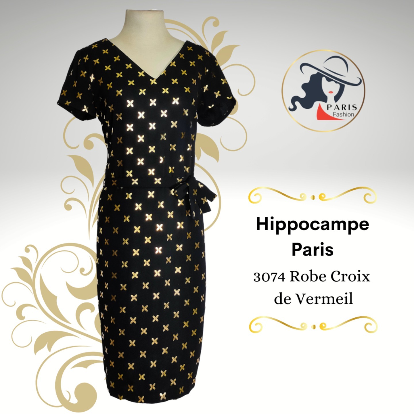 HIPPOCAMPE PARIS 3074 ROBE CROIX DE VERMEIL BLACK GOLD SHIFT DRESS
