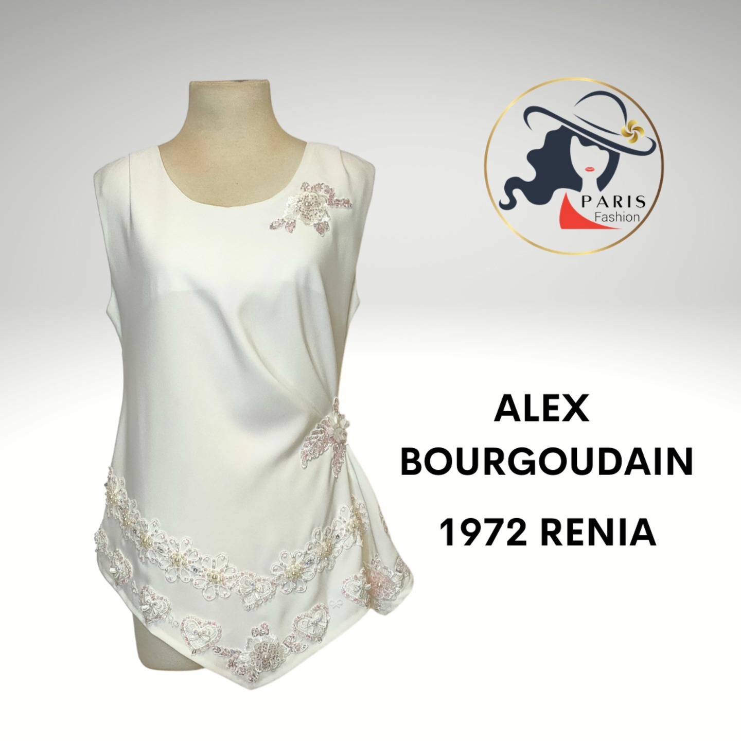 ALEX BOURGOUDAIN 1972 RENIA WHITE TOP WITH HANDSEWN SEQUINS