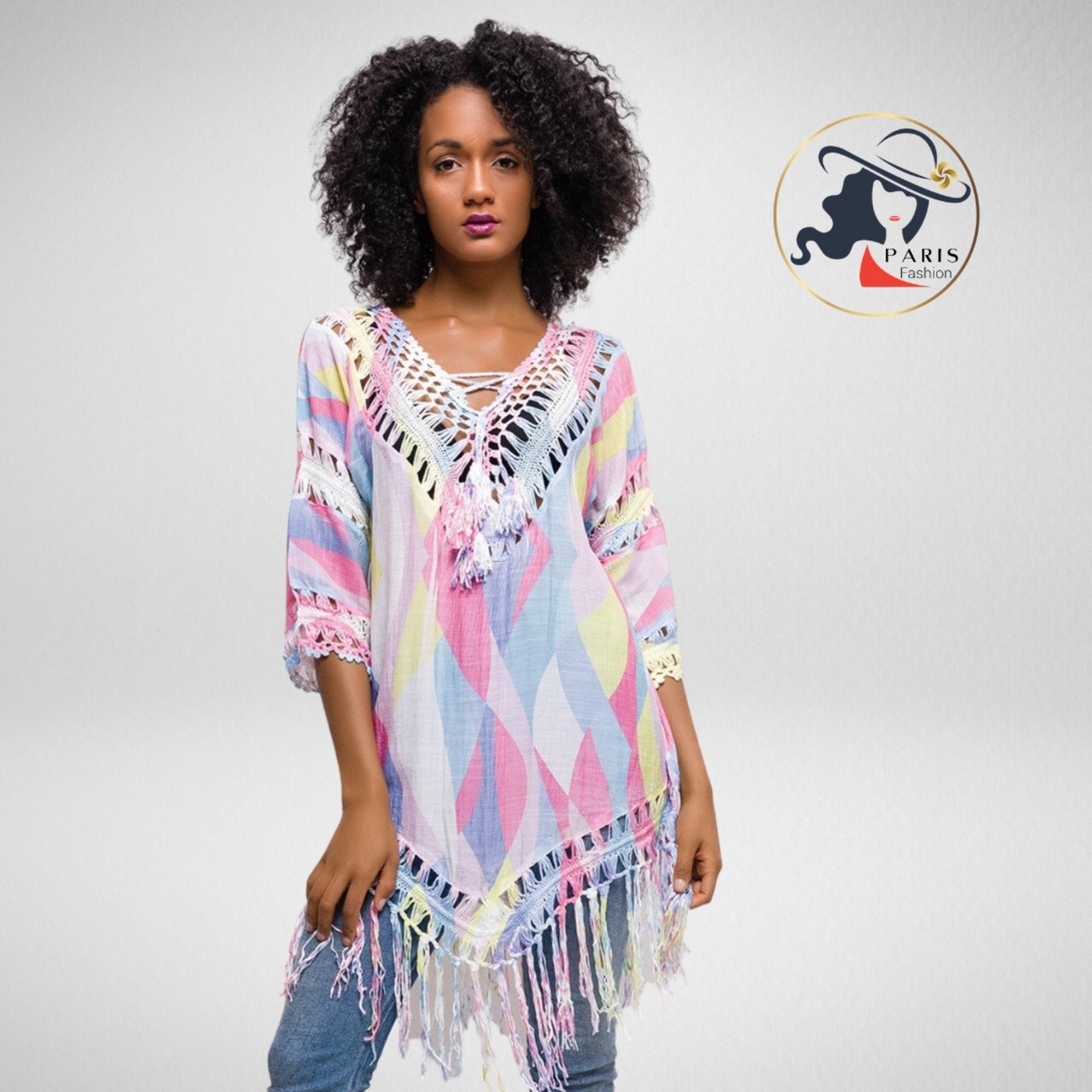 R&F A7213 COLOURFUL PASTEL CROCHET TUNIC WITH TASSELS