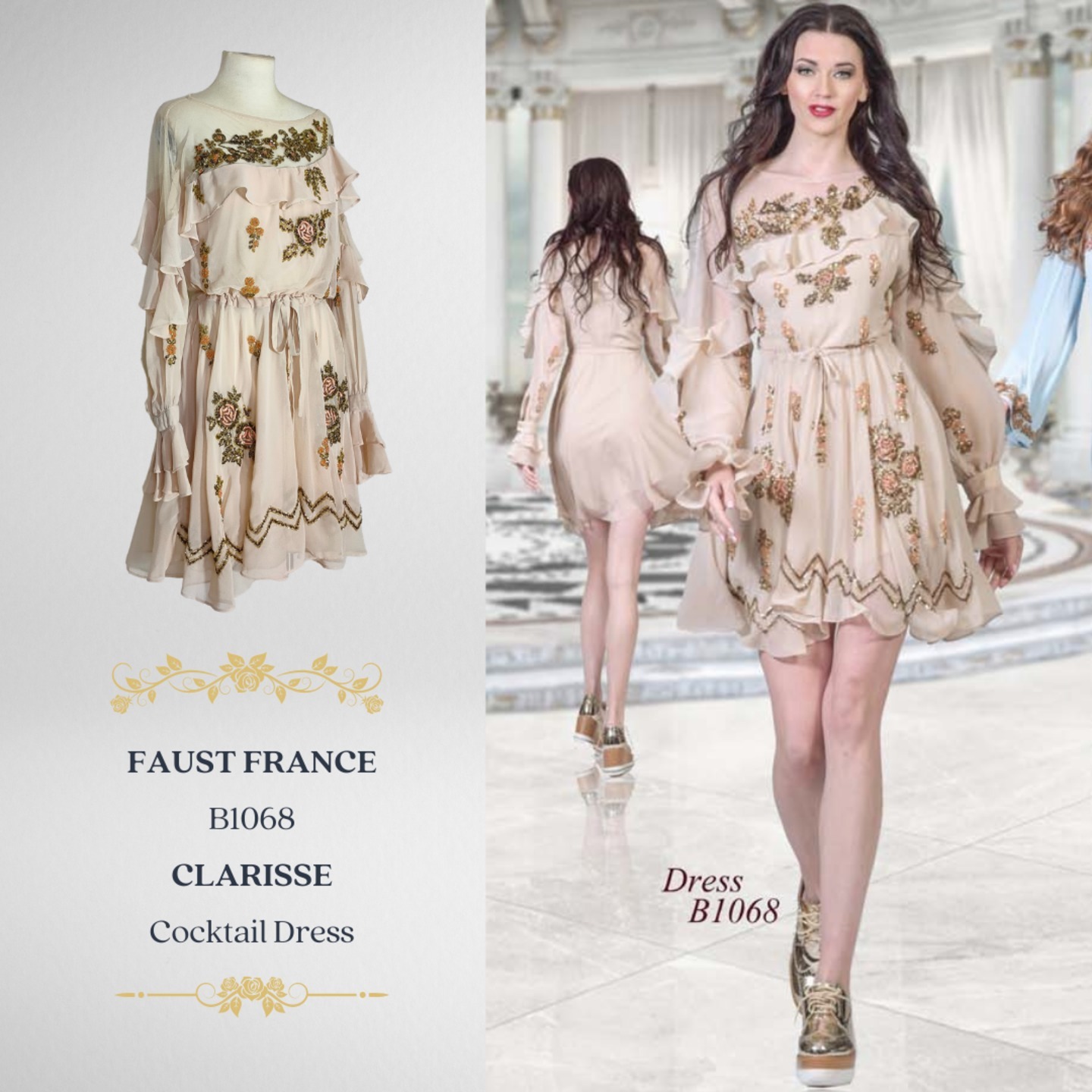 FAUST FRANCE B1068 CLARISSE ROSE EMBROIDERY AND SEQUINS SHORT COCKTAIL DRESS