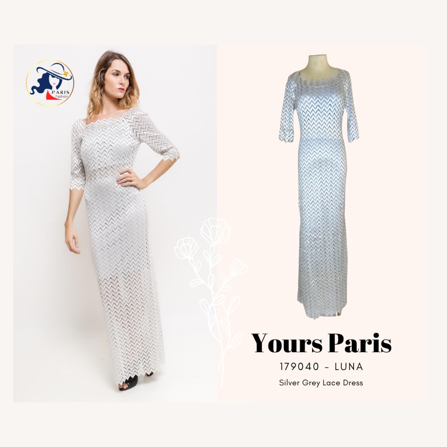 YOURS PARIS 179040  Luna Silver Grey Lace Maxi Dress