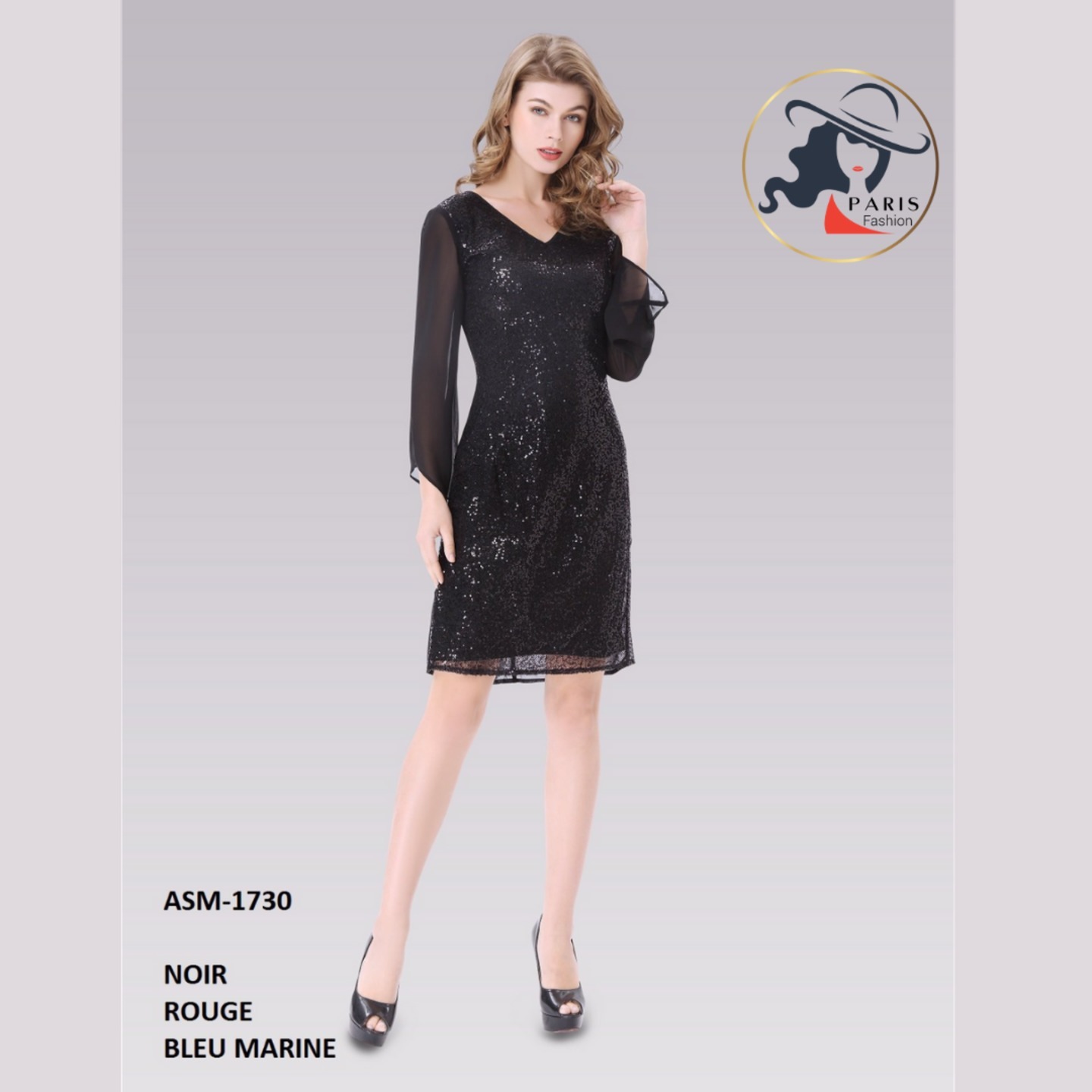 ASHWI PARIS 1730 SHIMMERY SEQUINS SHORT COCKTAIL DRESS WITH FLOWY SLEEVES
