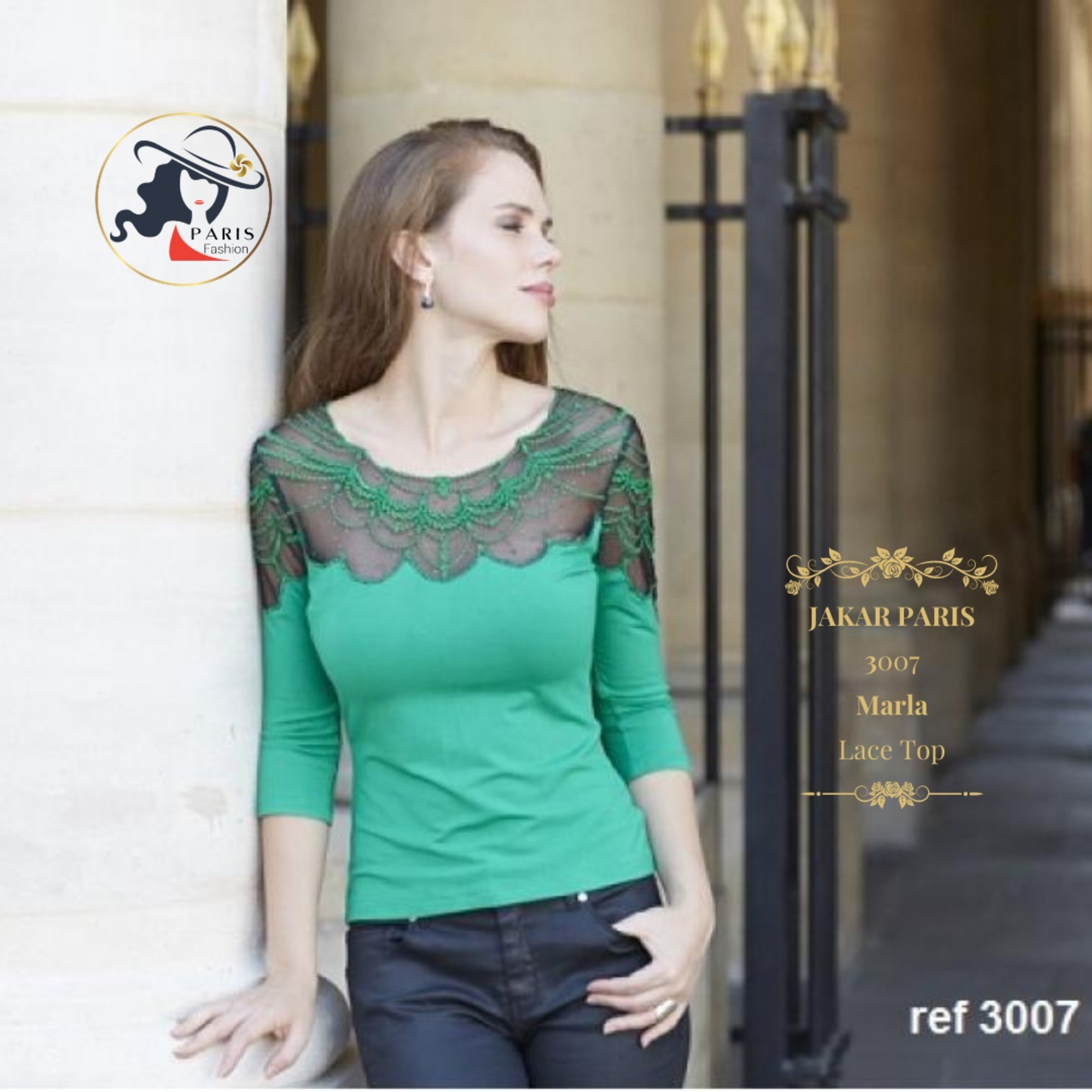 JAKAR PARIS  3007  Marla  Emerald Green Lace Top
