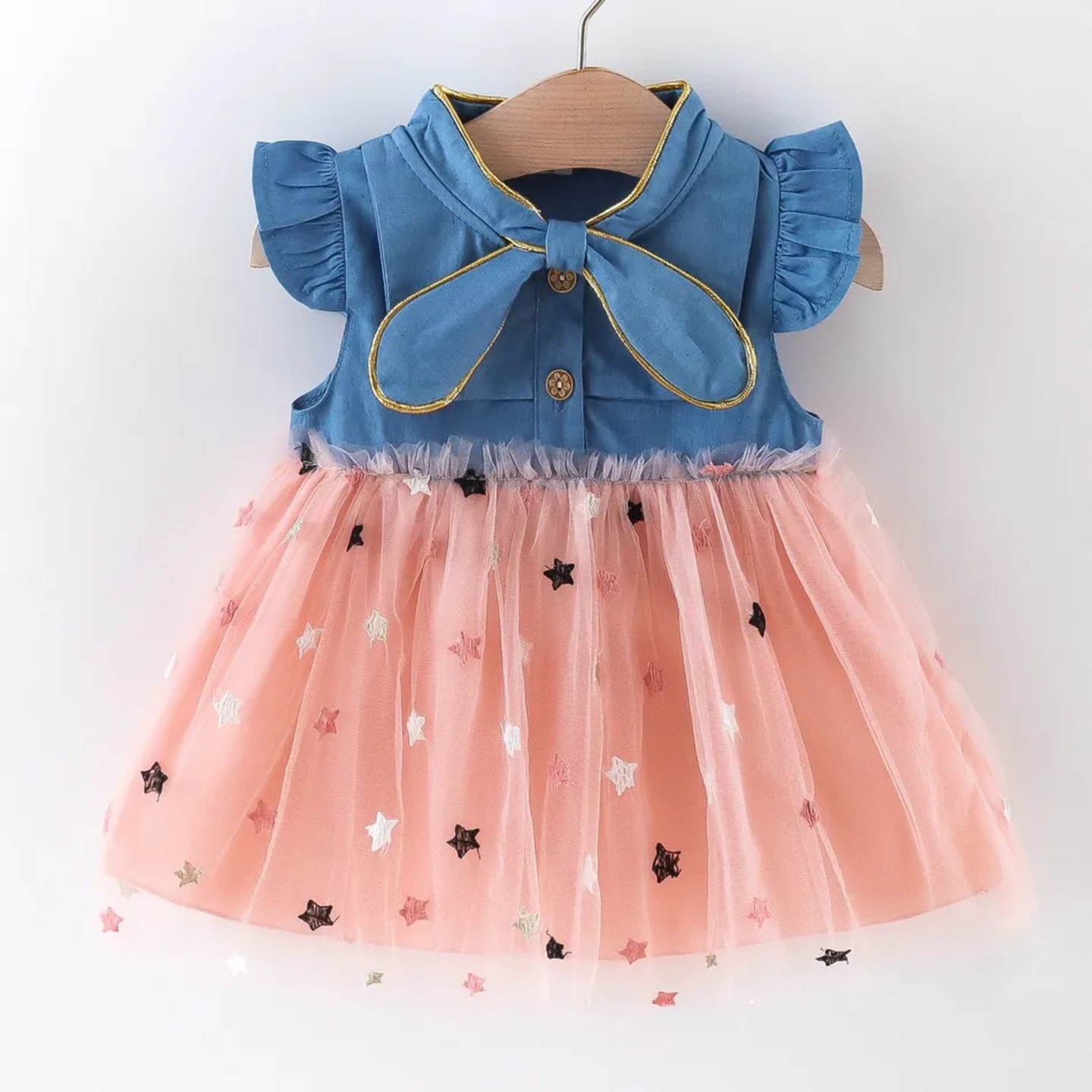 Star Embroidery Ruffle & Bow Décor  Mesh Layered  Flutter sleeves Pink Dress
