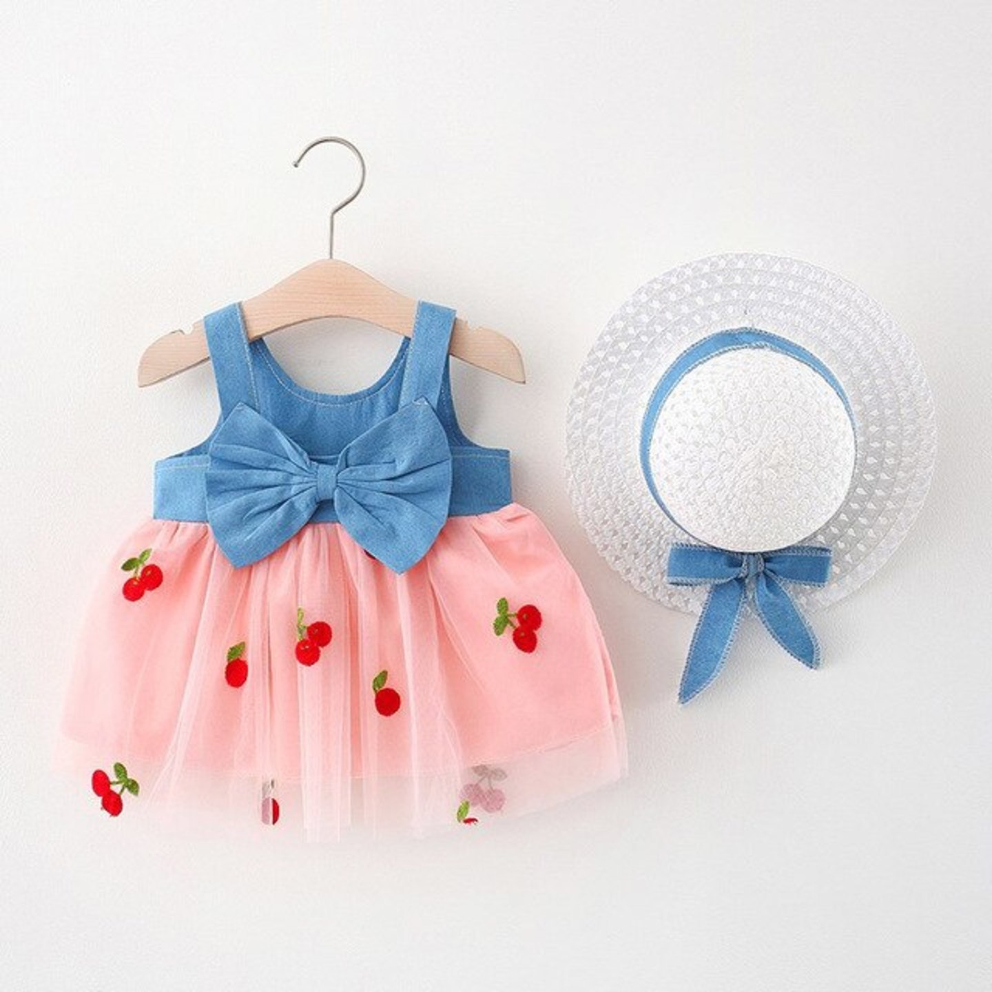 Denim Embroidered Net Princess Dress with Hat
