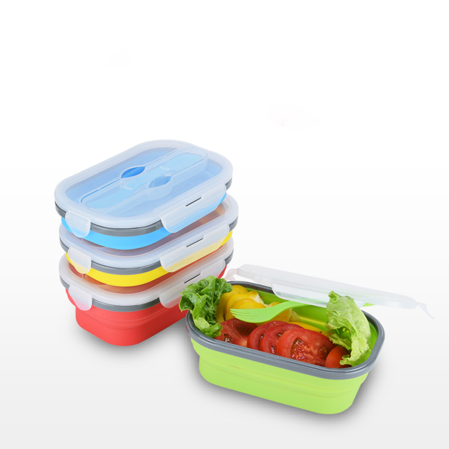 800ml foldable silicon lunch box with spoon and fork